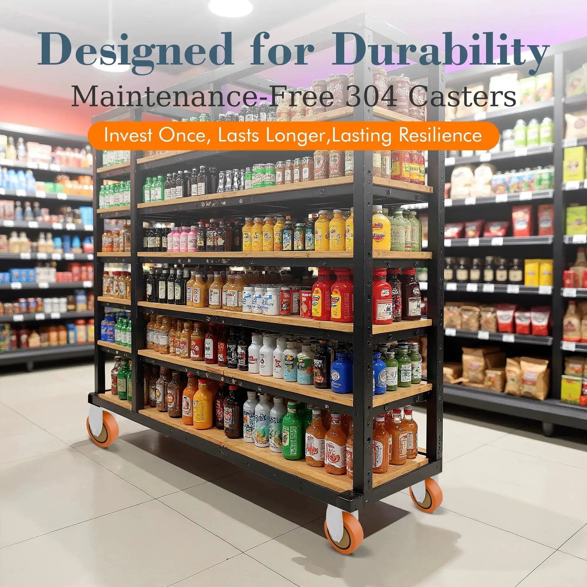 Grocery shelving unit with Rigid 4 Inch Stainless Steel Caster Wheel Set Of 2 For Industrial Use, ideal for hospital and kitchen.