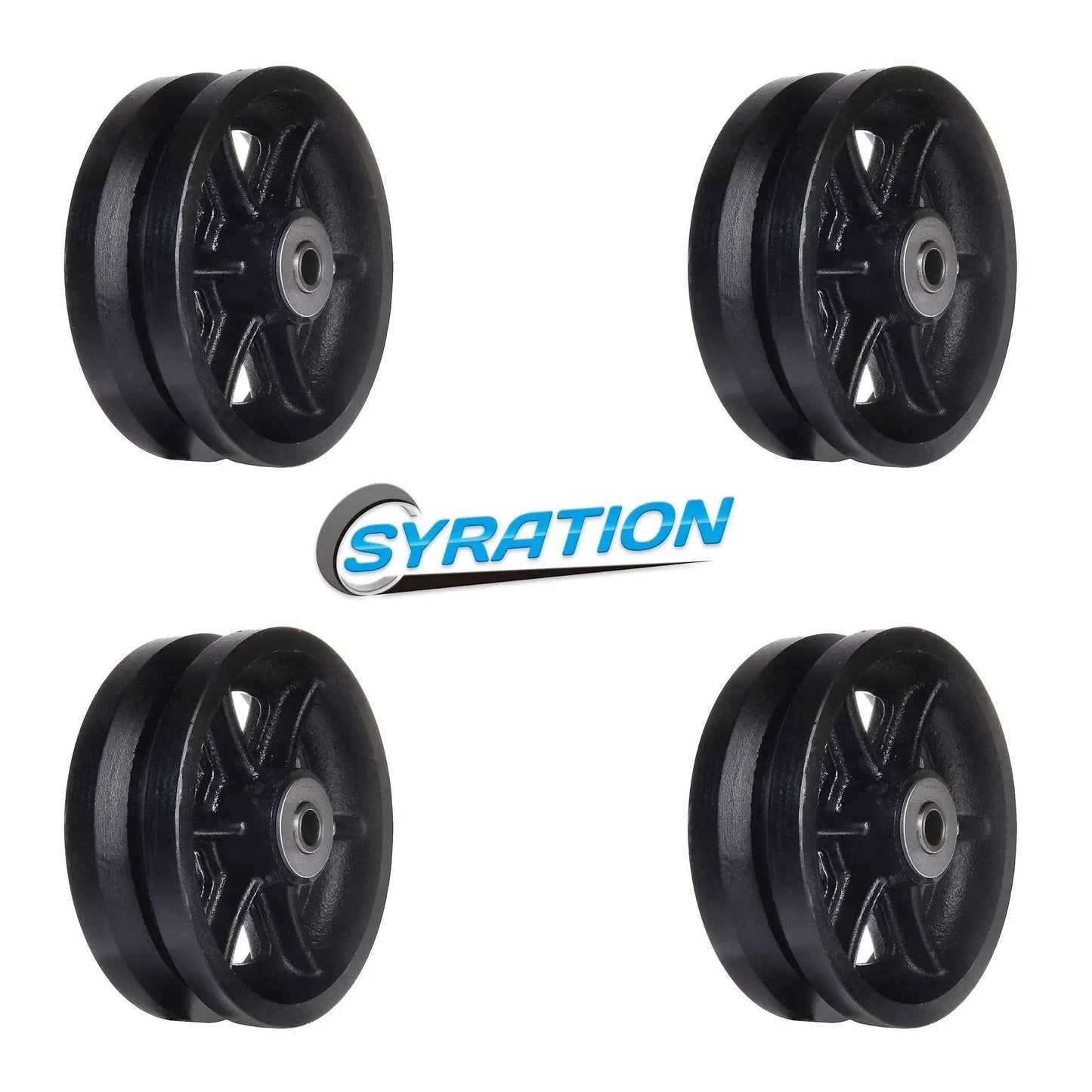 Beefy Heavy Duty Cast Iron V Groove Caster Wheels Set Of Four With Straight Roller Bearings 6 Inch Diameter By 2 Inch Wheel Width