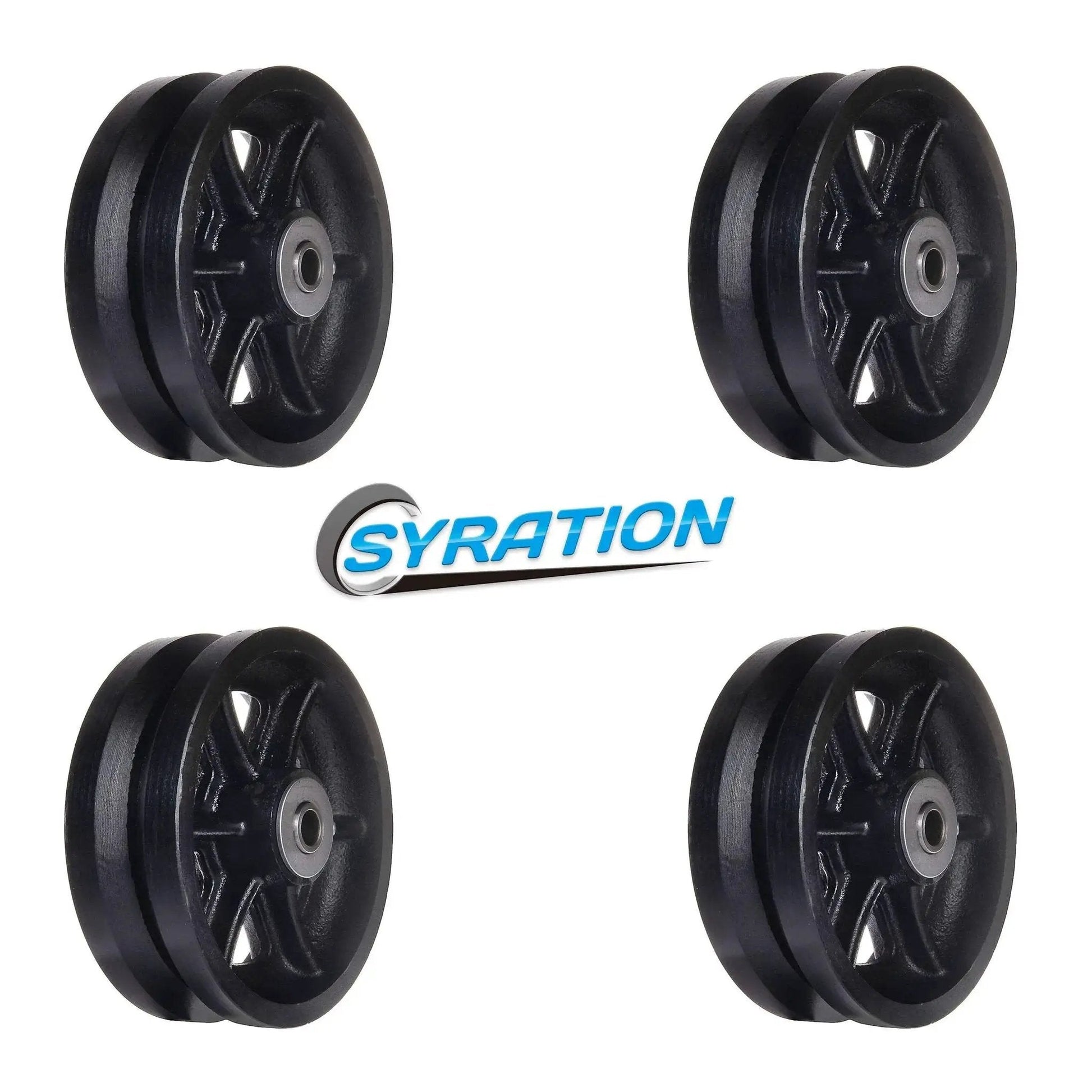 Beefy Heavy Duty Cast Iron V Groove Caster Wheels Set Of Four With Straight Roller Bearings 6 Inch Diameter By 2 Inch Wheel Width