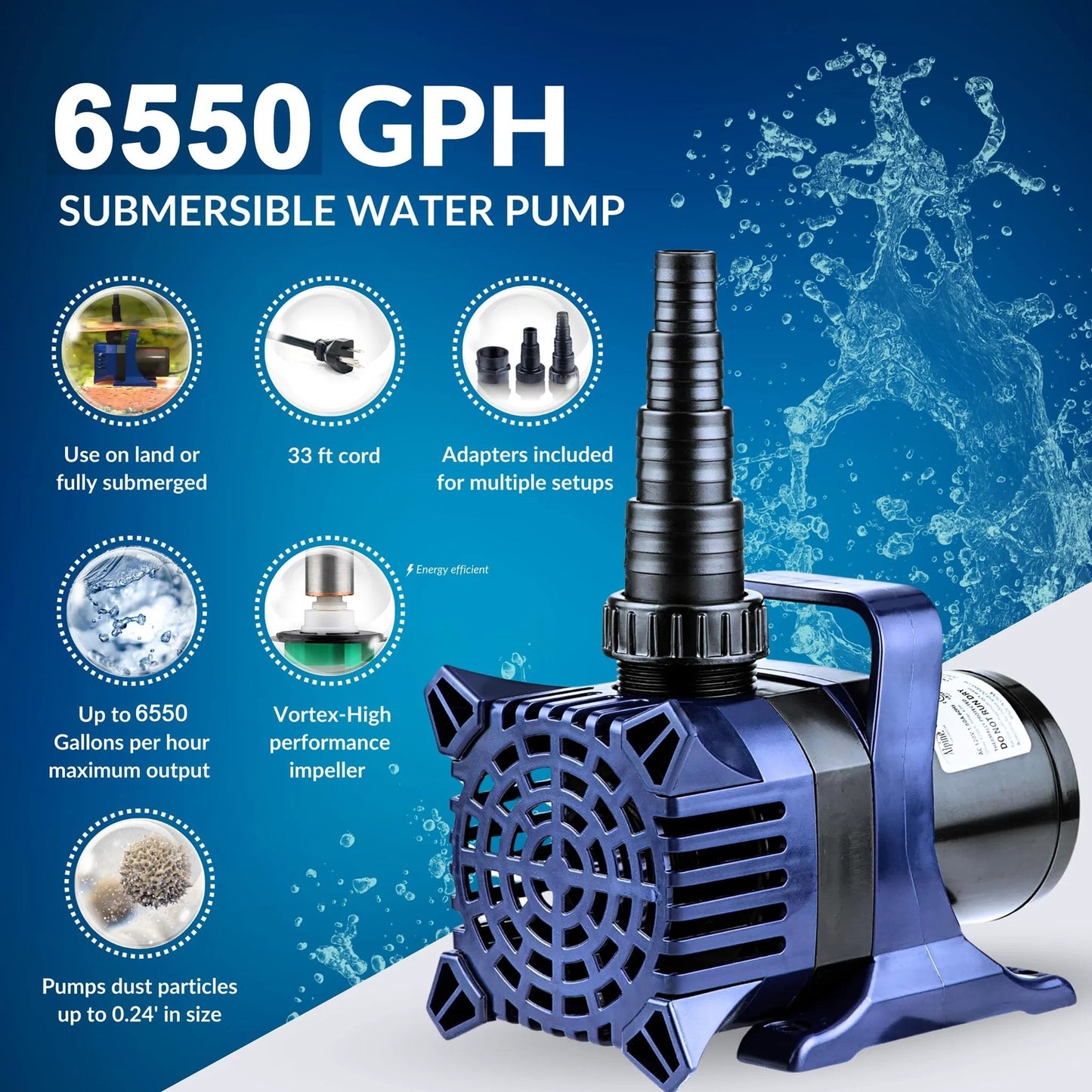 Powerful Submersible Pond Pump With 6550 GPH And Quiet 456W Motor 33 Foot Cord And Adapters 26 Foot Lift Vertical Or Horizontal Operation For Ponds Waterfalls And Fountains Durable And Efficient Alpine Corporation Easy Install, blue pump displayed