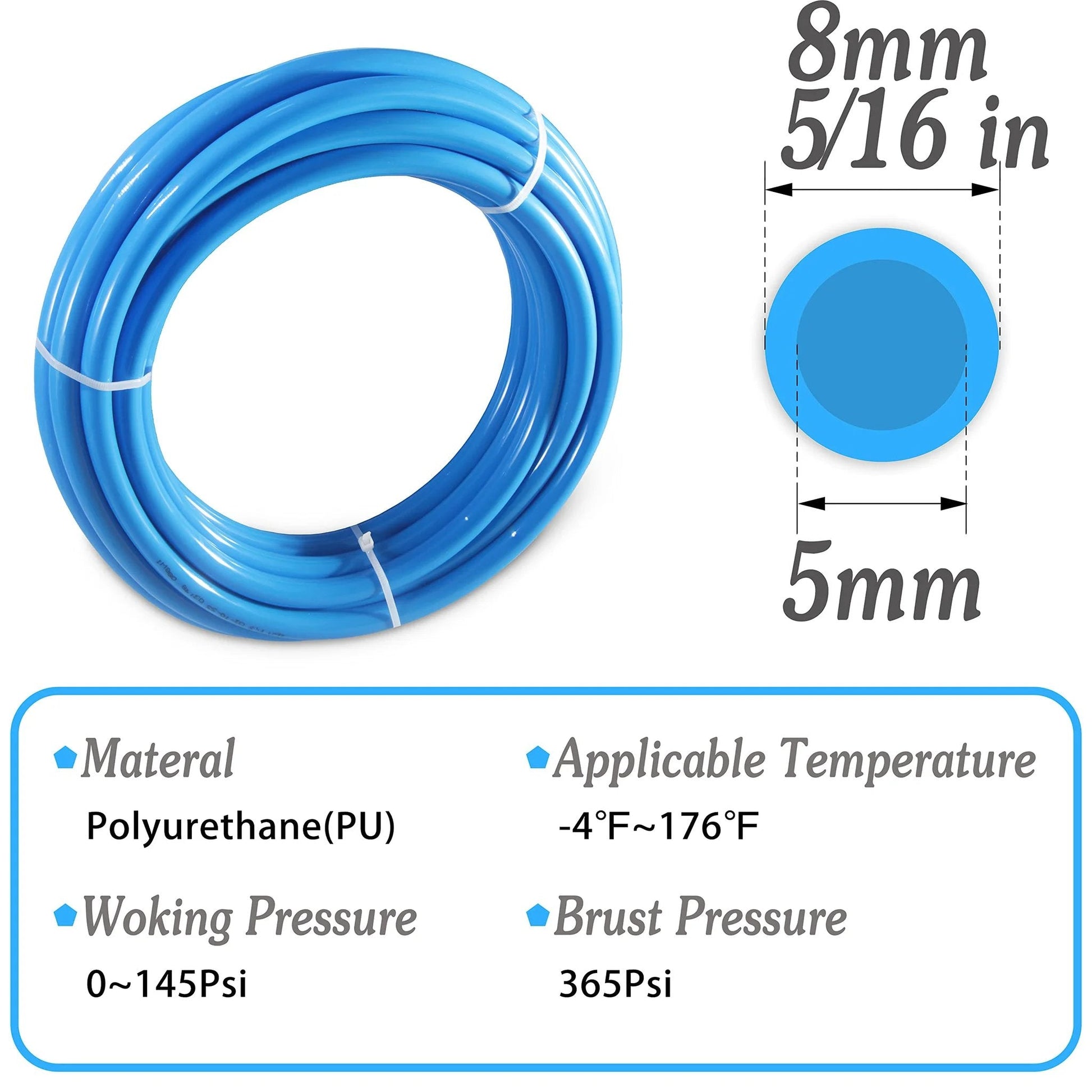 Blue Polyurethane Pneumatic Tubing For Air Tools And Fluid Transfer, 8mm Outer Diameter By 5mm Inner, 10 Meter Length