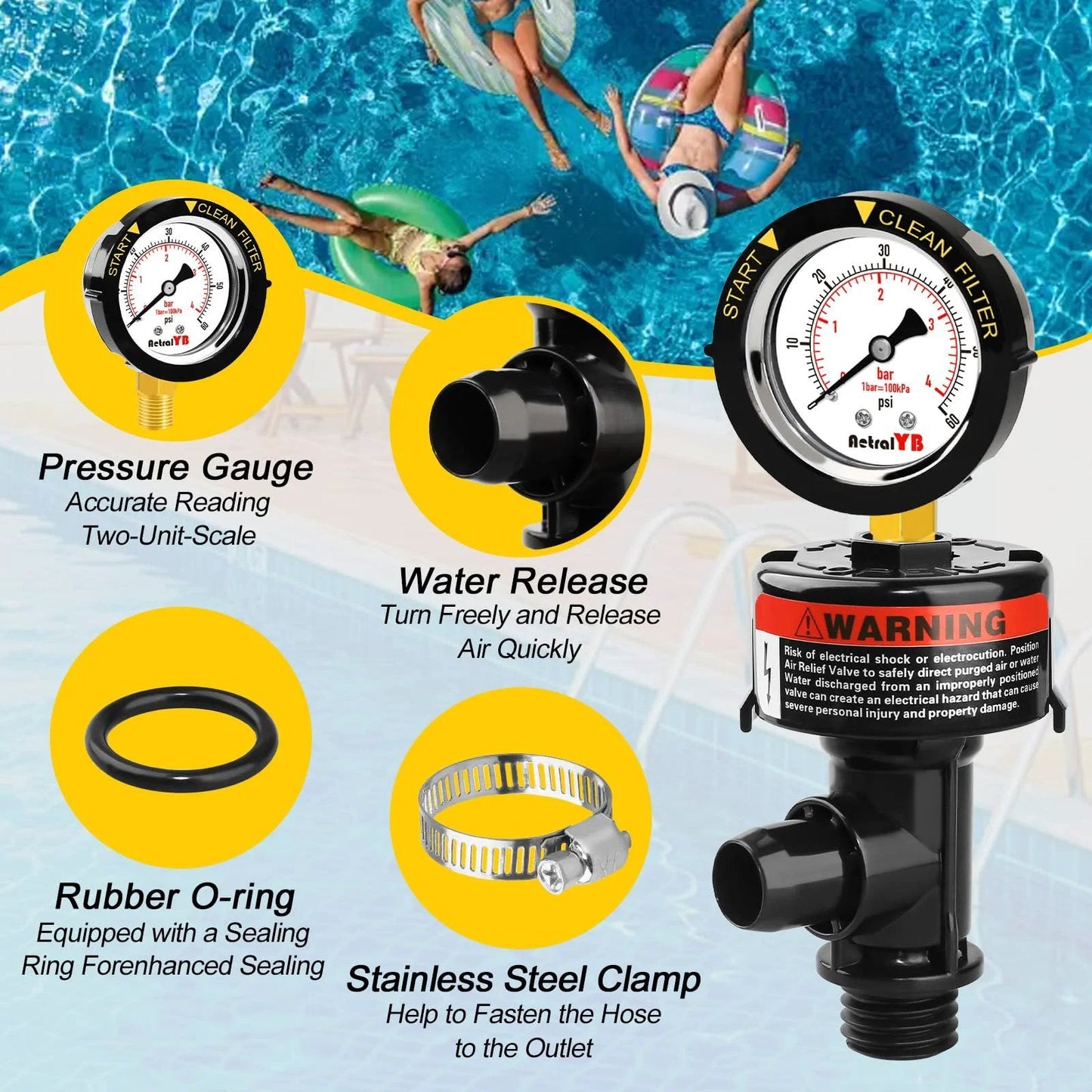 Manual Pool Filter Air Relief Valve With Waterproof Stainless Steel Pressure Gauge High Flow Replacement For Pool And Spa Filters diagram