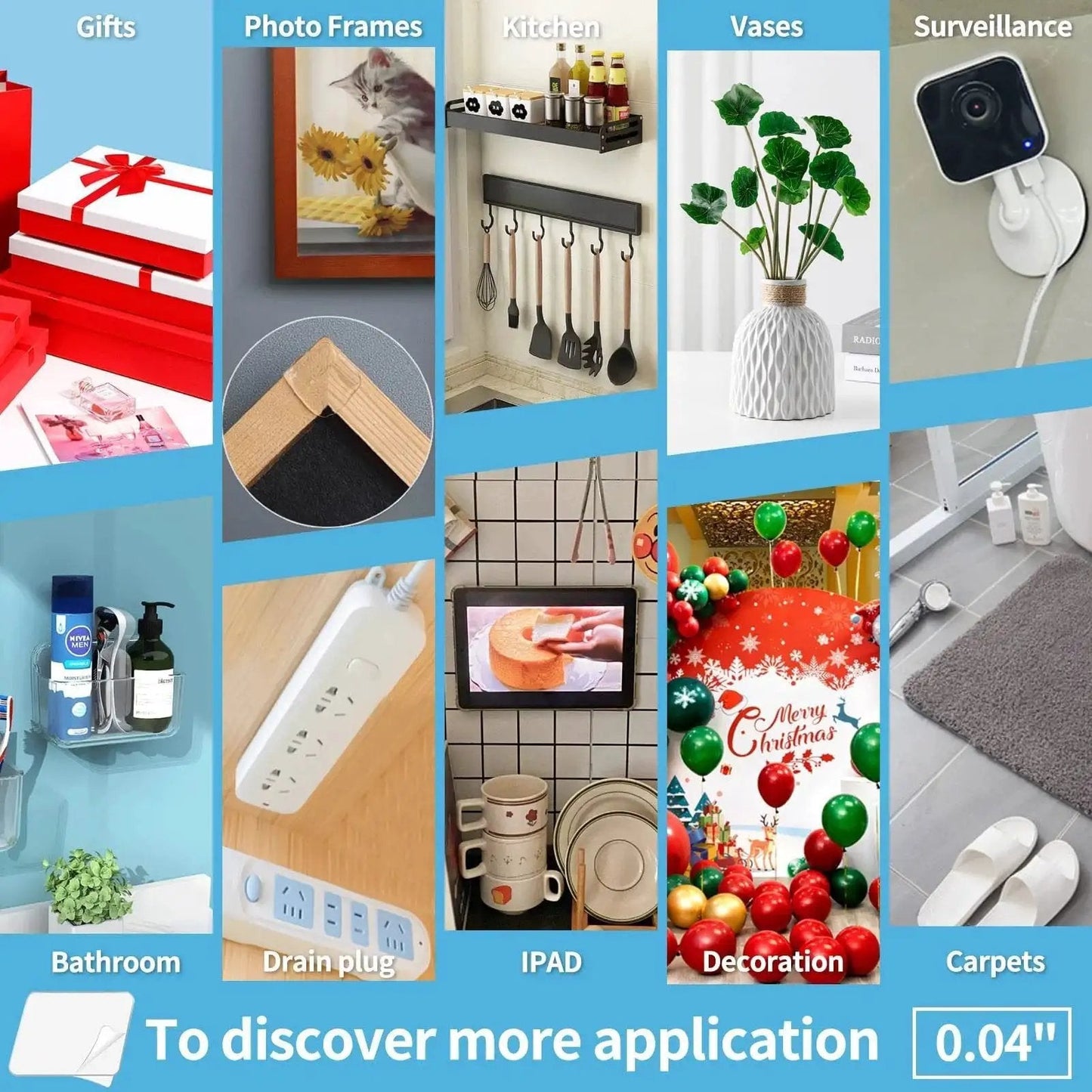Collage showing different uses of Double-Sided Mounting Tape 10 Ft Removable Adhesive Foam Tape Transparent For Household Use.