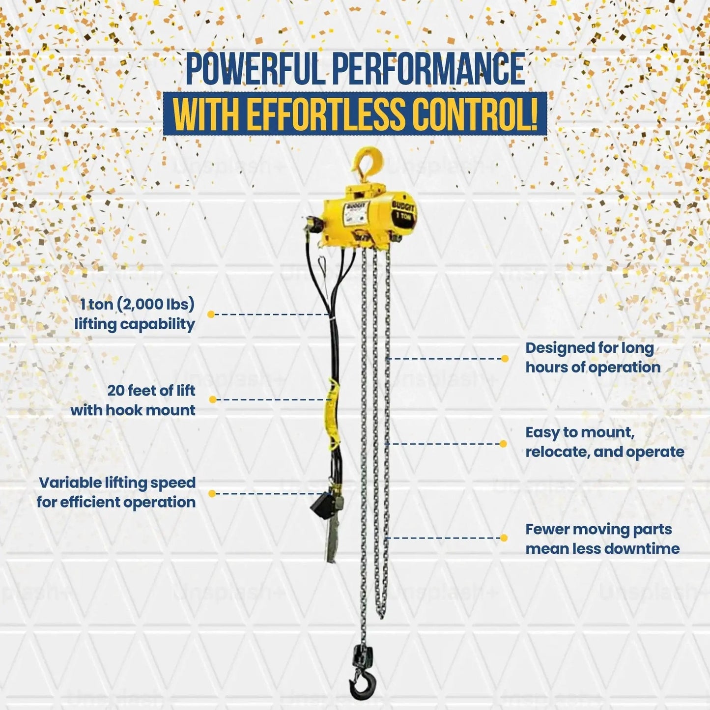 1 Ton Pneumatic Chain Hoist With 20 Ft Lift And Pendant Control shown against a descriptive background