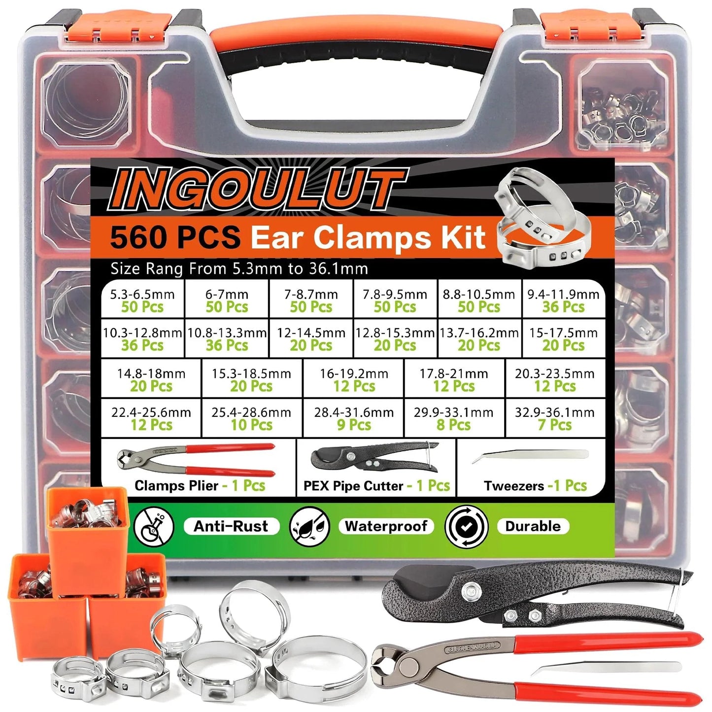 560Pcs Single Ear Hose Clamps Assortment Kit 304 Stainless Steel 22 Size 5.3-36.1Mm Cinch Crimp Hose Clamp Stepless Pinch Clamp With Tools For Plumbing Garden Automotive Water Pipe Radiator Pipe