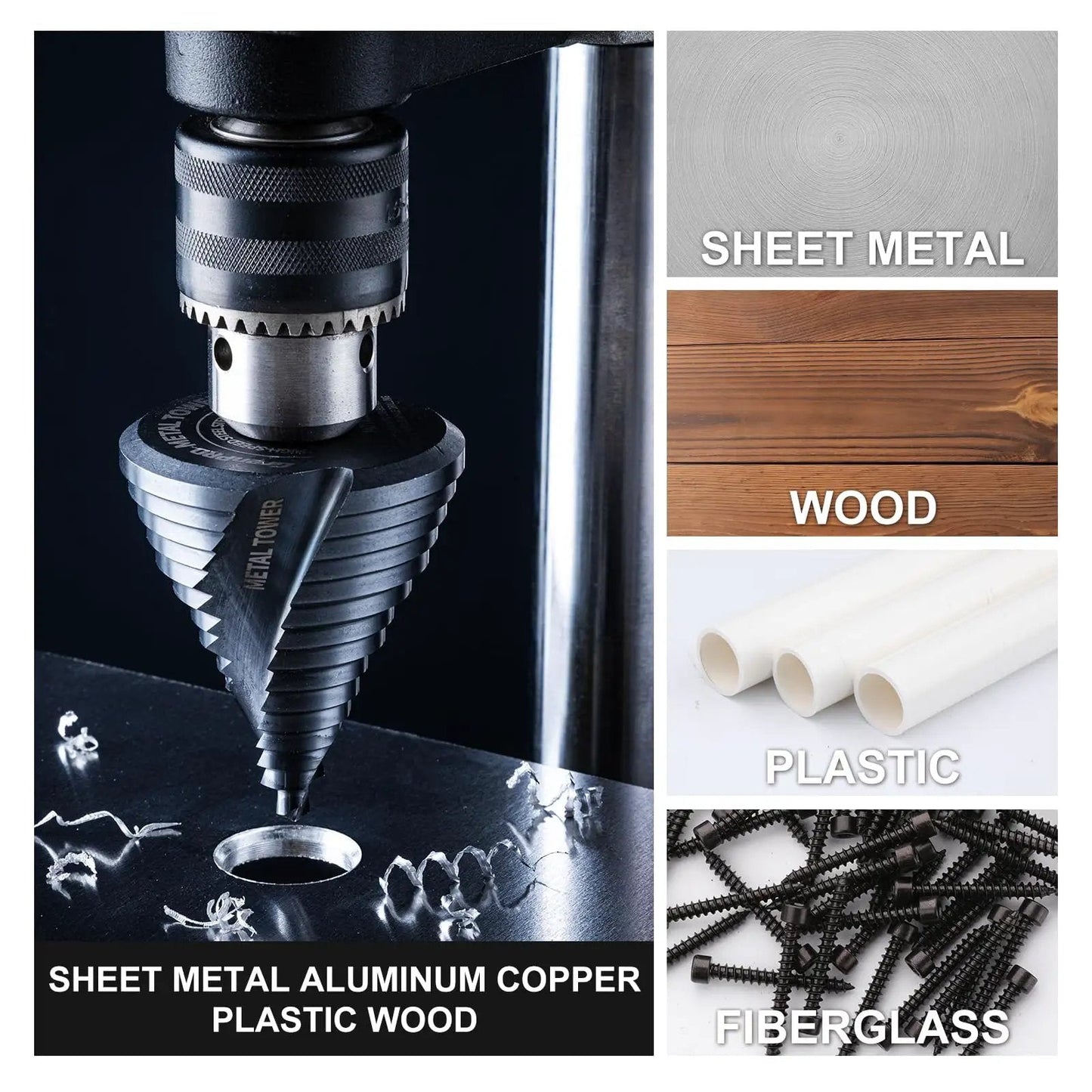 Close-up of Built Tough Step Drill Bit Set with fifteen progressive steps from one quarter inch to two and one half inches M35 HSS cobalt TiAlN coating in use on metal, wood, plastic, and fiberglass.