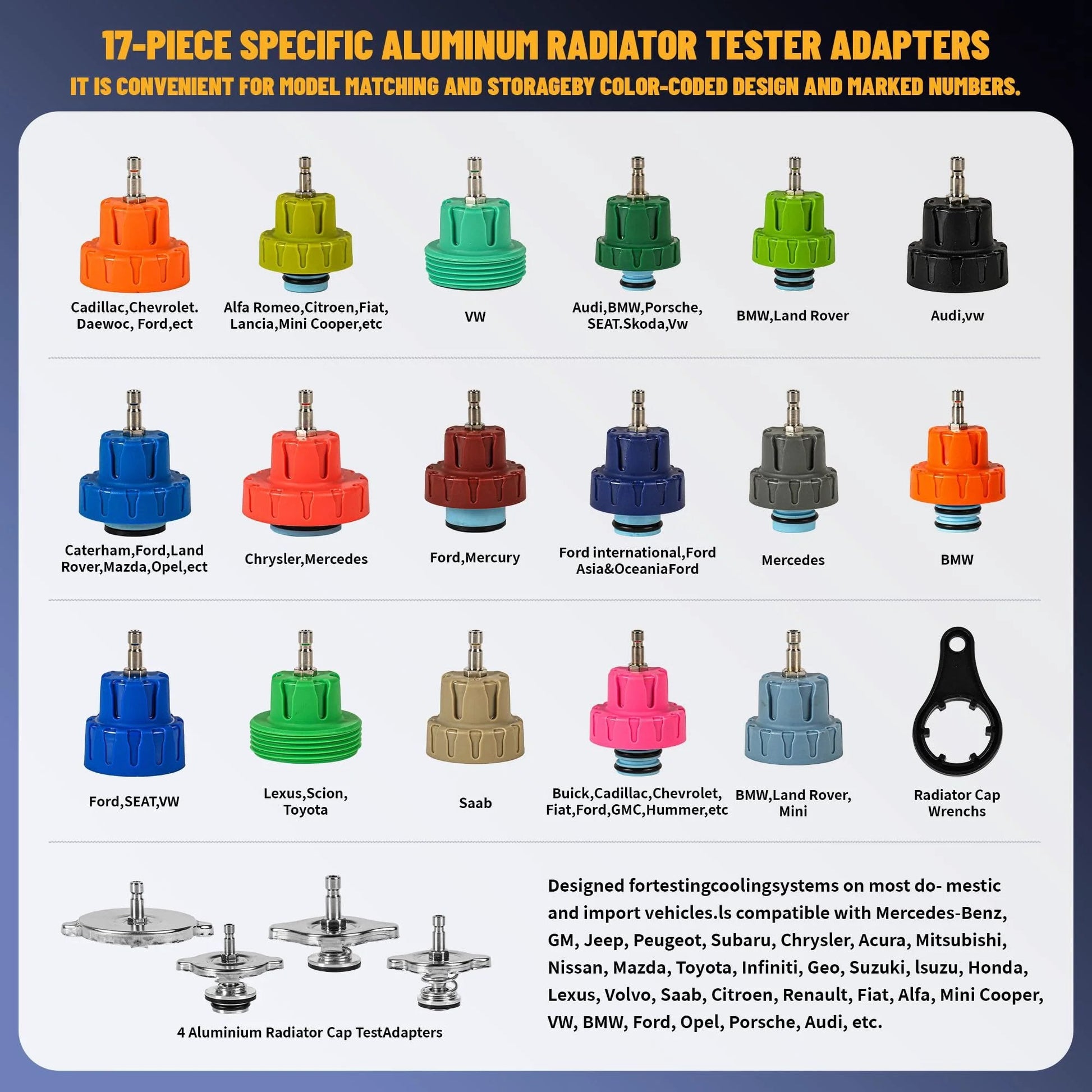 17-piece aluminum radiator tester adapters kit with color-coded caps for various car models, includes radiator cap and test adapters