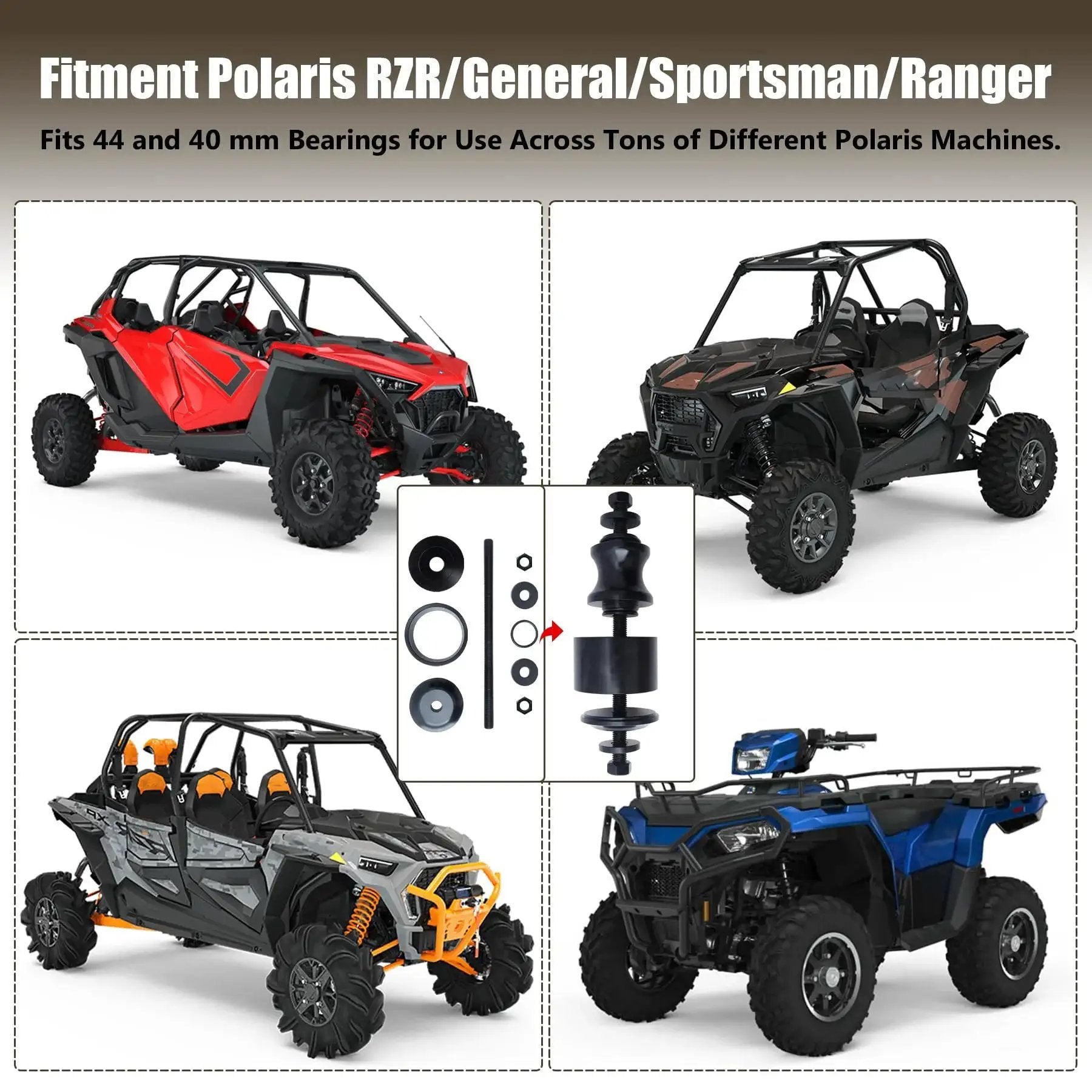 Polaris RZR/General/Sportsman/Ranger models with black wheel bearing removal tool for 40 and 44 mm bearings in center display.