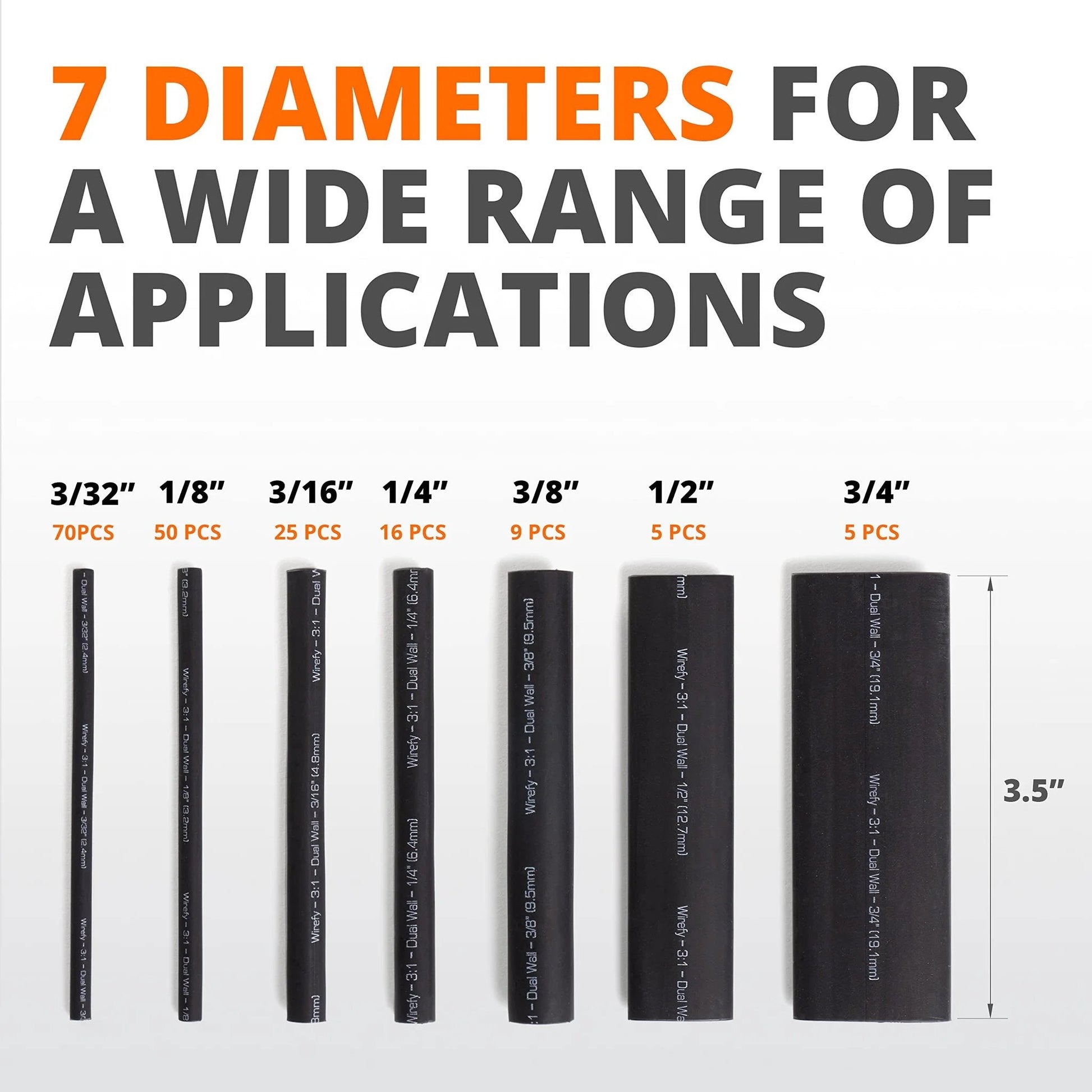 Adhesive Lined Heat Shrink Tubing Kit With 180 Pieces In Black 3 To 1 Shrink Ratio, 7 diameters, product image