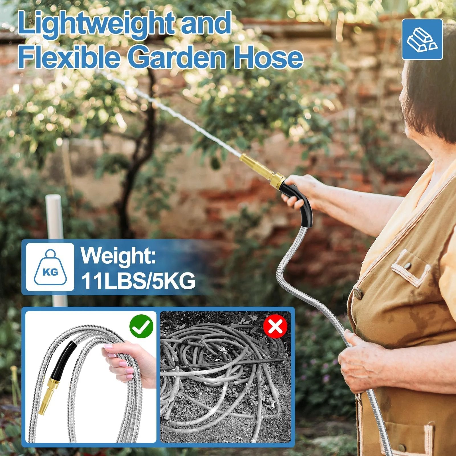 Durable 50 Foot 304 Stainless Steel Garden Hose With Solid Brass Connectors And Rubber Grip in use for outdoor watering