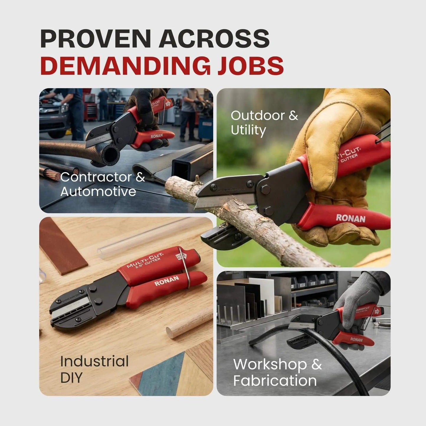 Heavy-duty industrial cutter for plastic, rubber, wood, leather and PEX, single unit with 3 replaceable razor blades, in use
