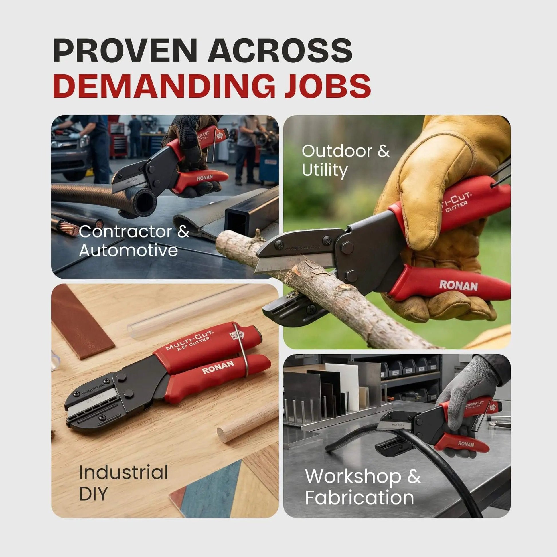 Heavy-duty industrial cutter for plastic, rubber, wood, leather and PEX, single unit with 3 replaceable razor blades, in use