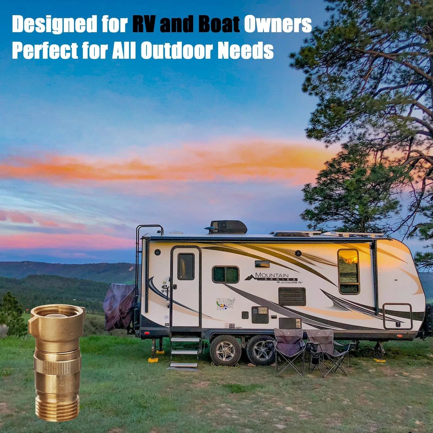 RV parked with sunset, showcasing RV Water Pressure Regulator High Flow 40 To 50 PSI With Filter Brass Lead Free And Pre Set Reducer
