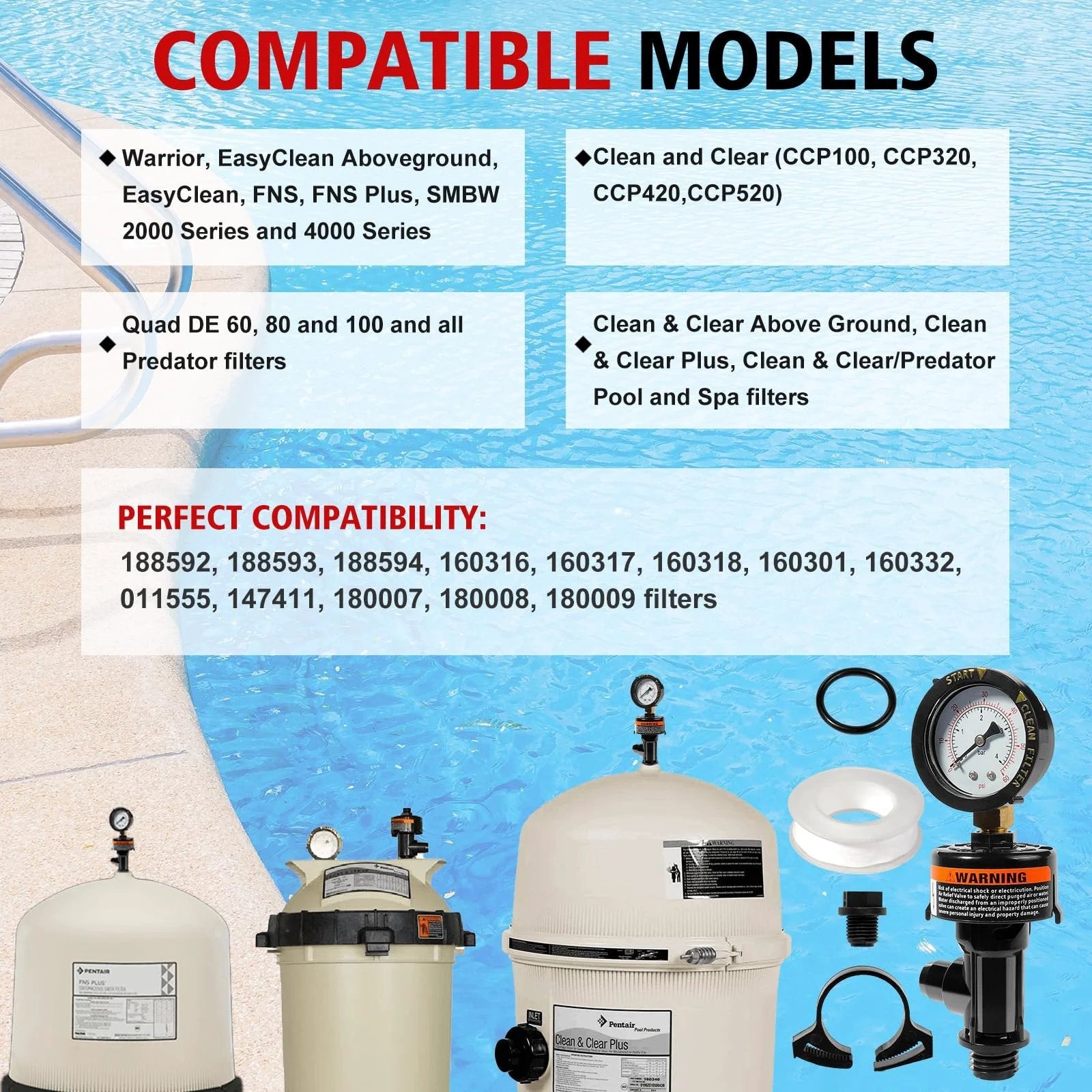 Manual Air Relief Valve Assembly With Pool Filter Pressure Gauge Kit for Pentair FNS Clean and Clear Quad DE SMBW 2000 4000