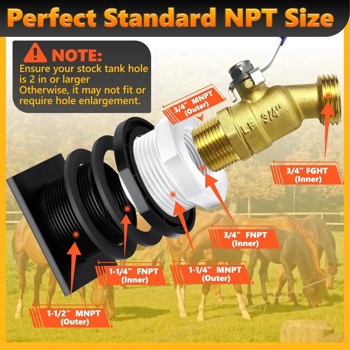 Stock Tank Drain Plug Kit Fits 50 70 100 150 300 Gallon Rubbermaid Stock Tanks With One And One Quarter Inch By Three Quarter Inch Pipe Reducer And Three Quarter Inch By Three Quarter Inch Brass Faucet Includes Hex Bushing Easy Install Five Years Free illustration showing installation components.