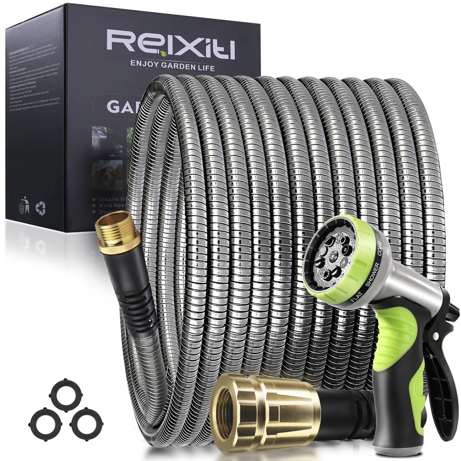 Heavy Duty 50 Ft Stainless Steel Garden Hose With Ten Function Nozzle Flexible No Kink And Lightweight And Durable For Outdoor Use Pressure Resistant Yellow with box and seals in view