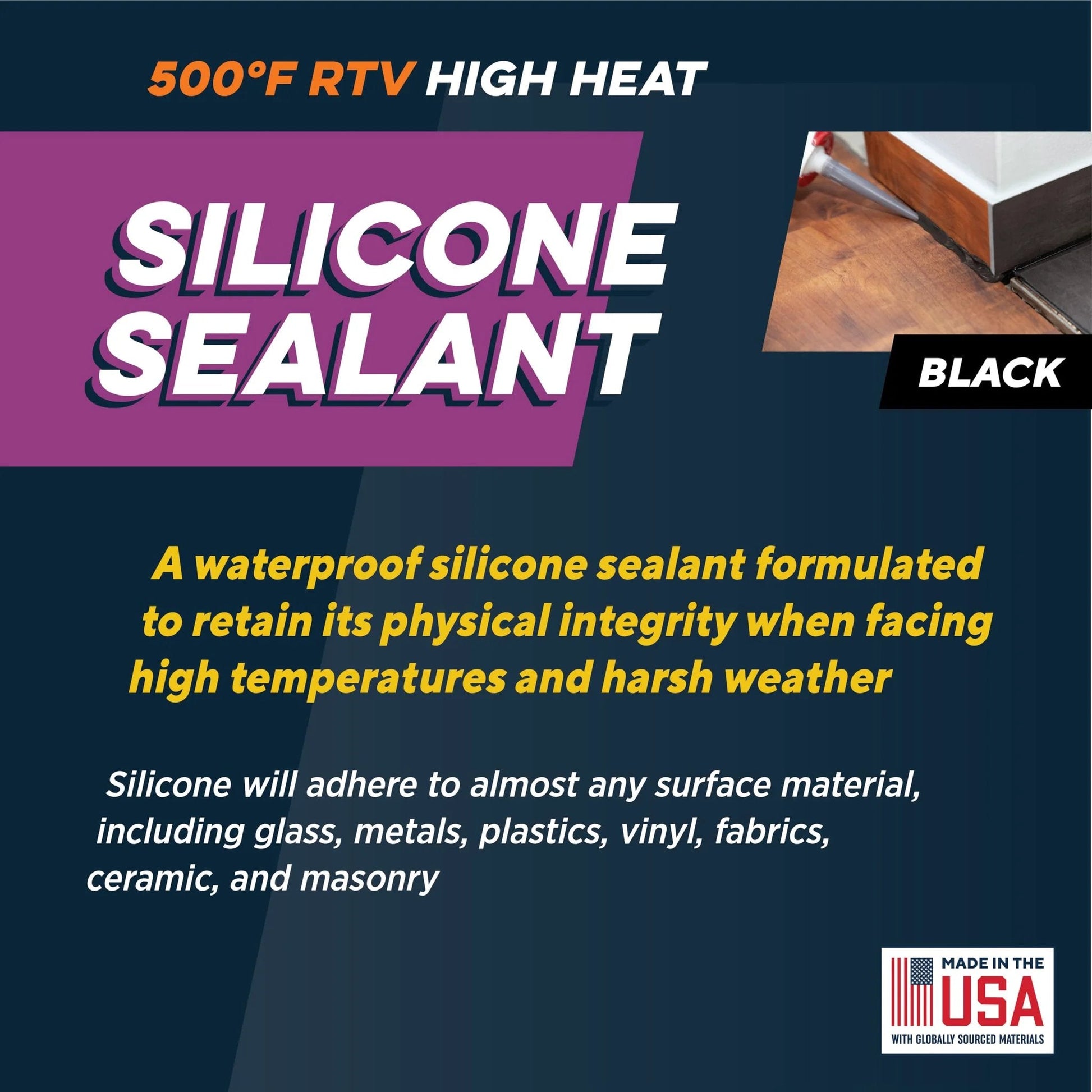High Temp Silicone Sealant For Extreme Heat 500 Degree RTV Black Gasket Maker And Adhesive USA Made packaging