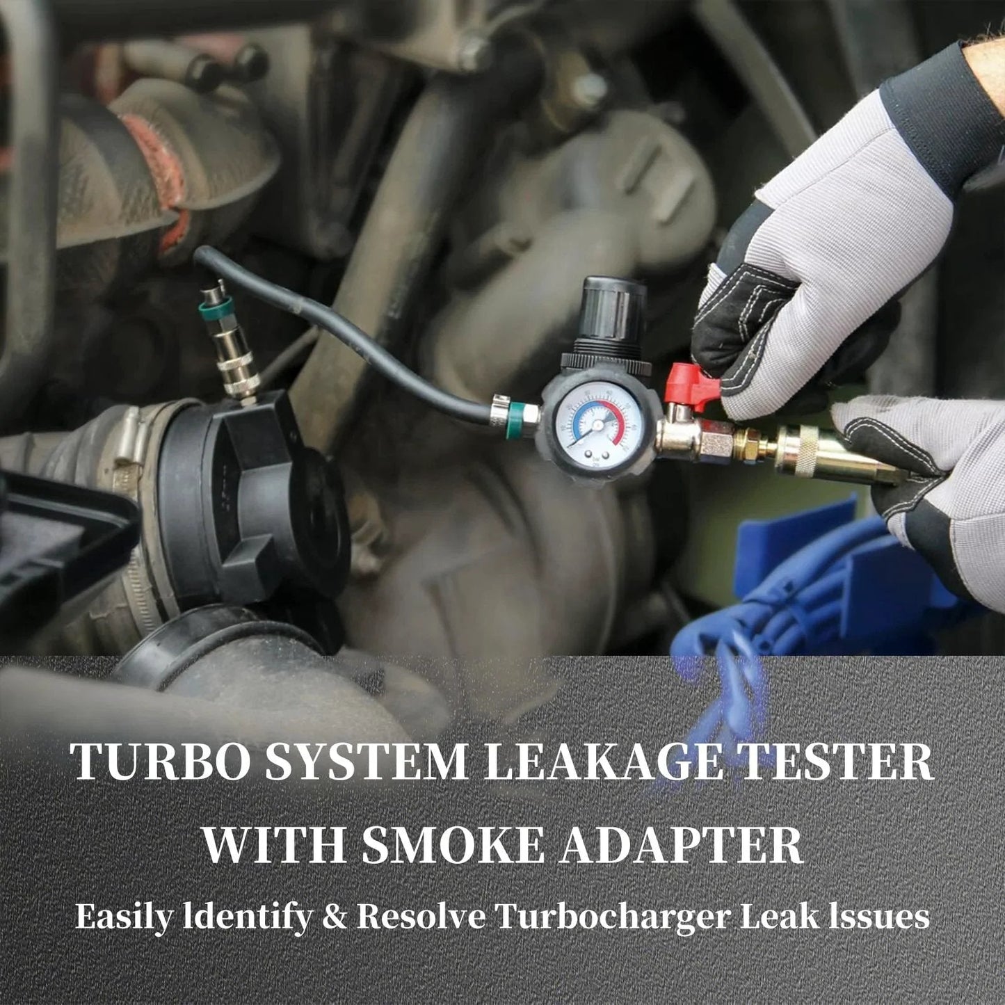 Turbo System Leakage Tester Kit in use with smoke adapter and air pressure gauge attached to a vehicle's turbo system.