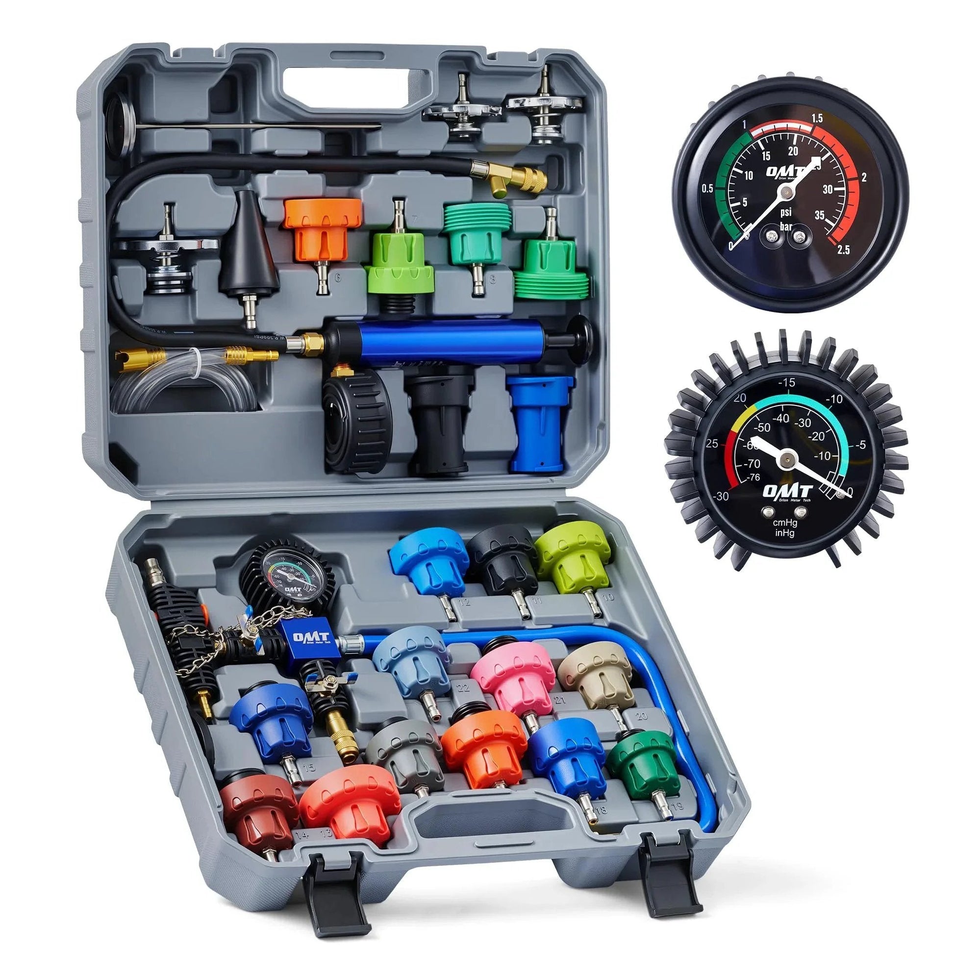 All In One 31pc Coolant Pressure Tester Kit With Vacuum Pump And Refill Tool, 23 Radiator Adapters, Universal Adapter, O Rings And Hoses For Cars And Trucks, Pro Grade Vacuum Purge And Refill System Orion Motor Tech, in open carrying case with gauges.