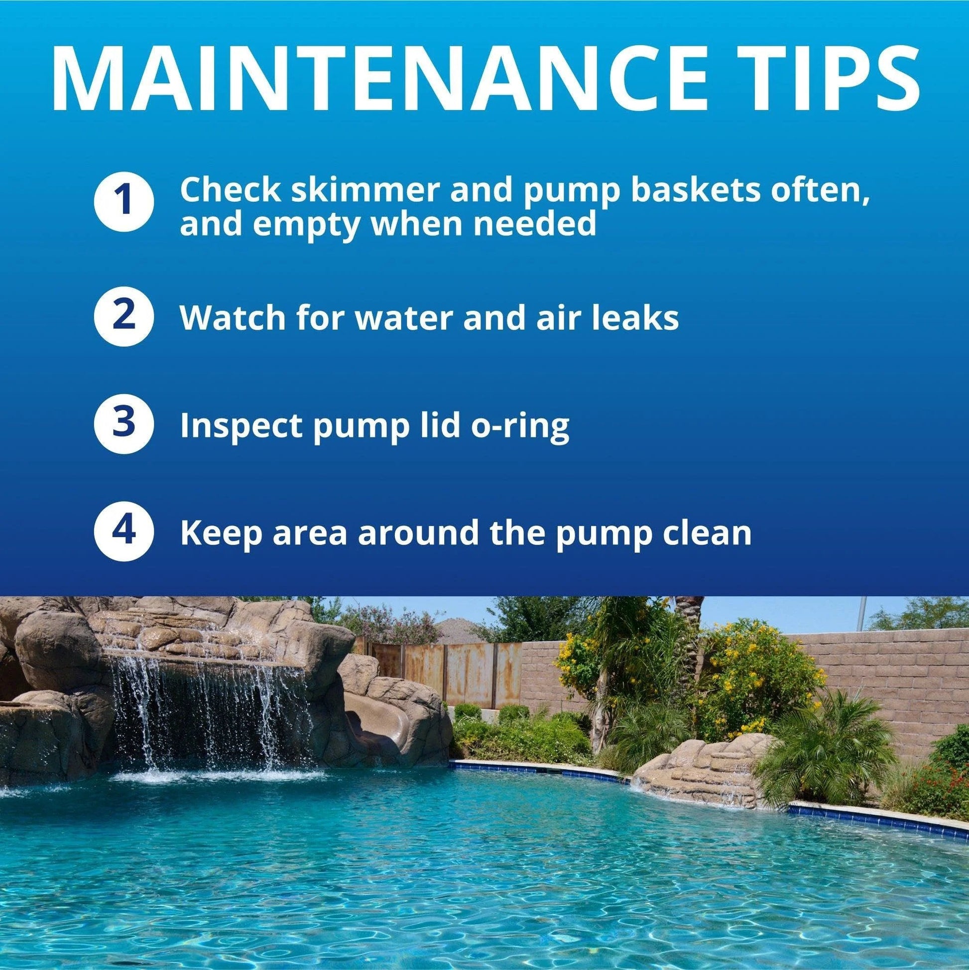 Swimming pool with waterfall and greenery, maintenance tips listed above including checking skimmer and pump baskets.