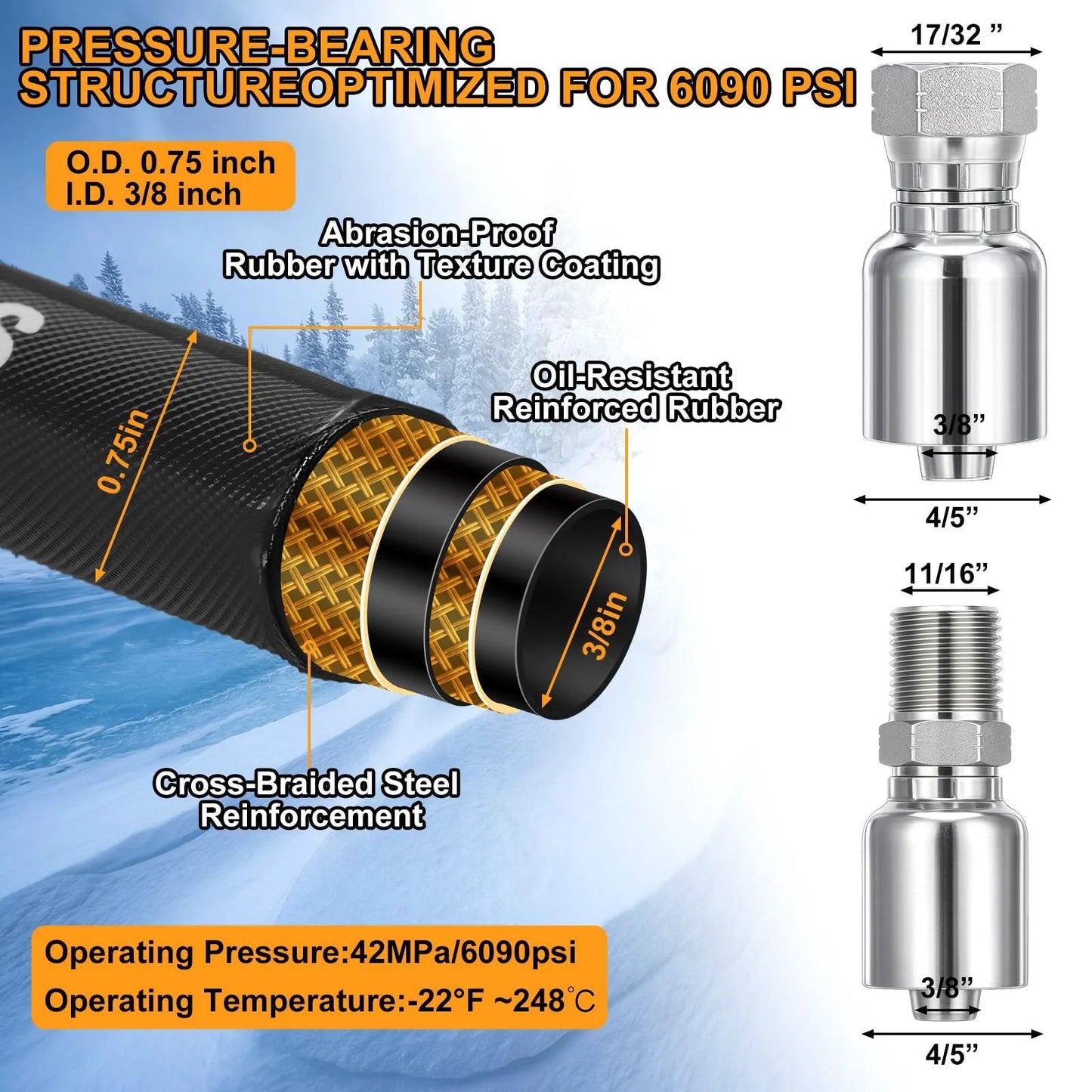 Heavy Duty Hydraulic Hose Three Eighth Inch By Fifty Foot Length With Ten JIC Thirty Seven Degree Female And NPF Male Fittings, 4800 Psi Rated Steel Wire Braided, Oil Weather Ozone Wear Resistant For Industrial Construction And Agriculture with cross-braided steel reinforcement and abrasion-proof texture coating