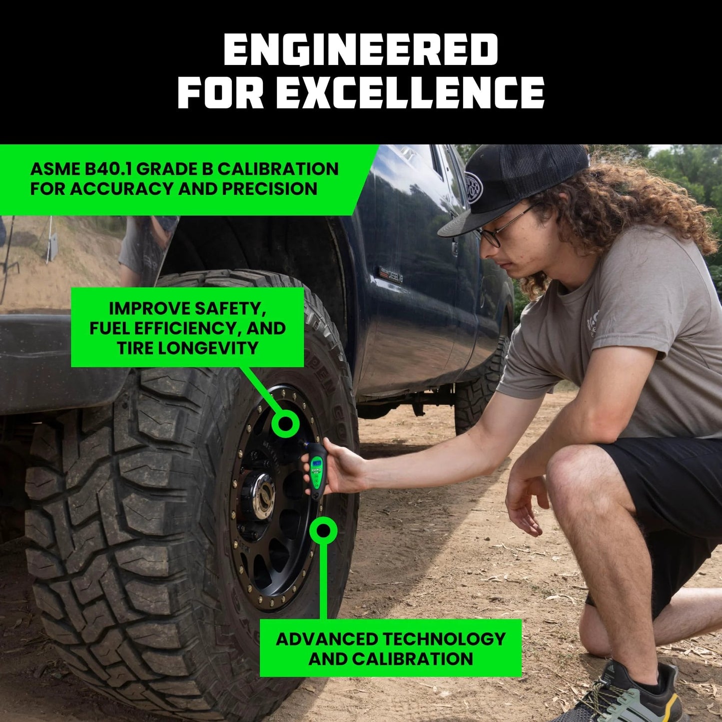 Person using Digital Tire Pressure Gauge 150 PSI With Lighted Nozzle And Backlit LCD Display on a vehicle tire