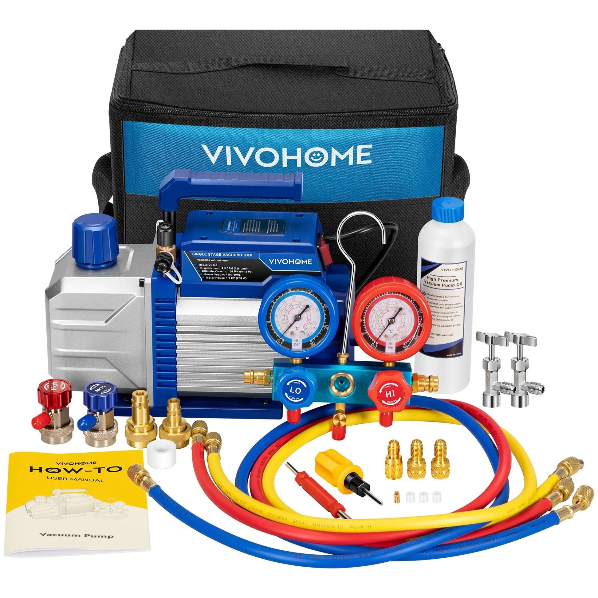 Heavy Duty 110V One Third HP Vacuum Pump And AC Manifold Gauge Kit For R32 R1234yf R454B R134a R22 R410a Systems HVAC Refrigeration Recharging By VIVOHOME Today, showing complete set with gauges, pump, and accessories.