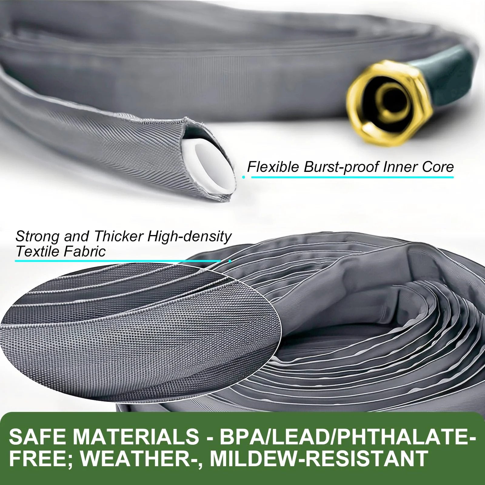 Close-up of Upgraded 50 Foot Non Expanding Garden Hose Ultra Lightweight Easy Carry Flexible Water Hose with burst-proof fabric