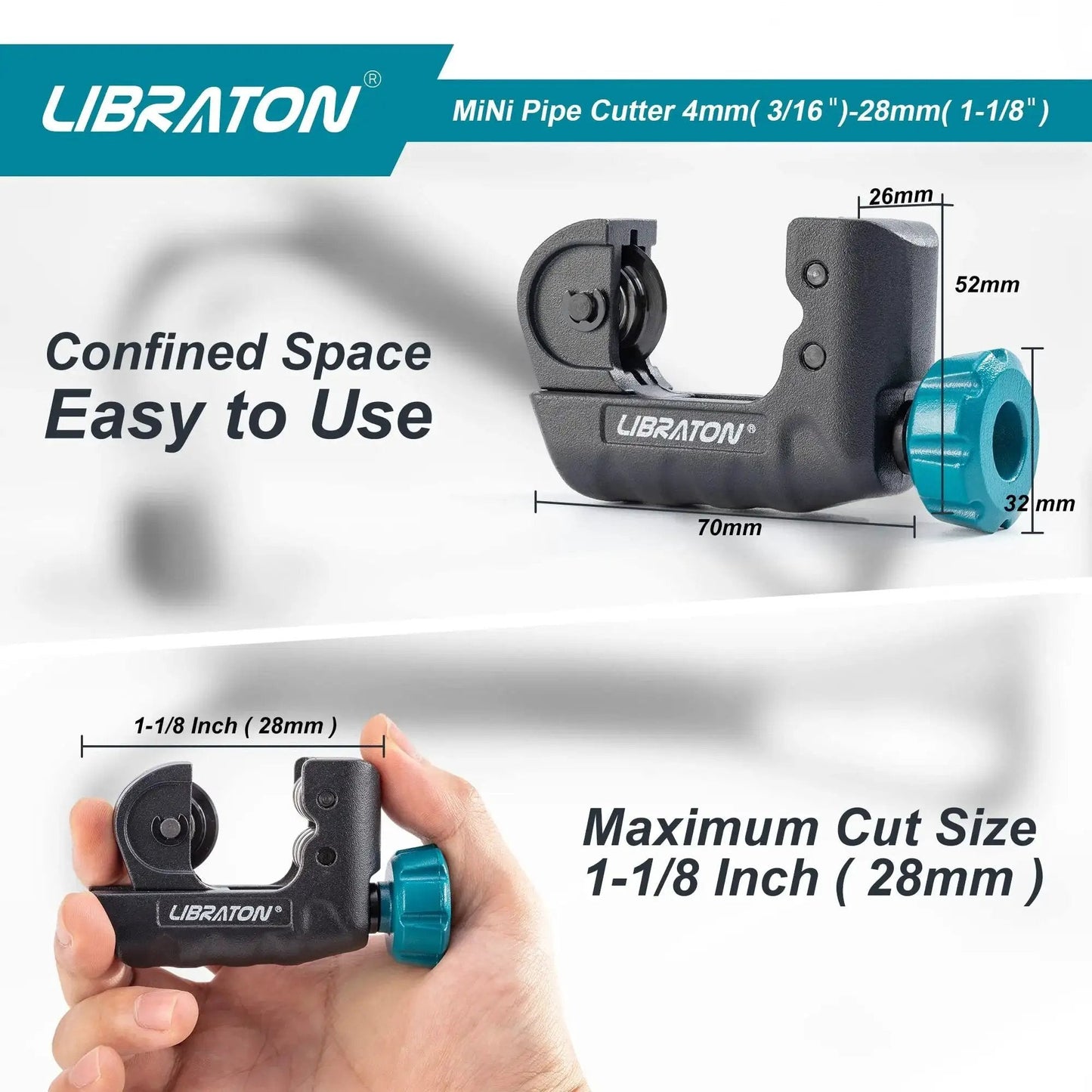 Compact Mini Tubing Cutter For Copper Aluminum And Thin Stainless Steel Pipes Three Sixteenths To One And One Eighth Inch With Deburring Tool Heavy Duty Portable Pipe Cutter For Tight Spaces From Libraton displayed on packaging with dimensions shown.