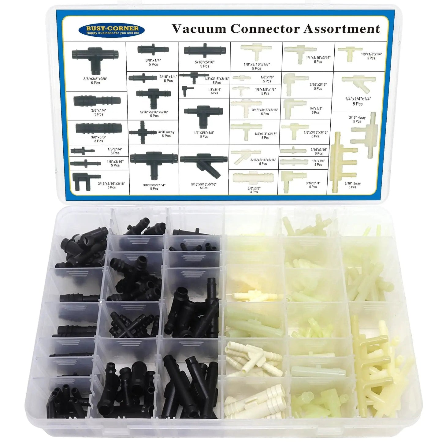 Automotive Vacuum Tubing Connector Kit With 34 Sizes And 165 Pieces shown in an assortment box with labeled sections.