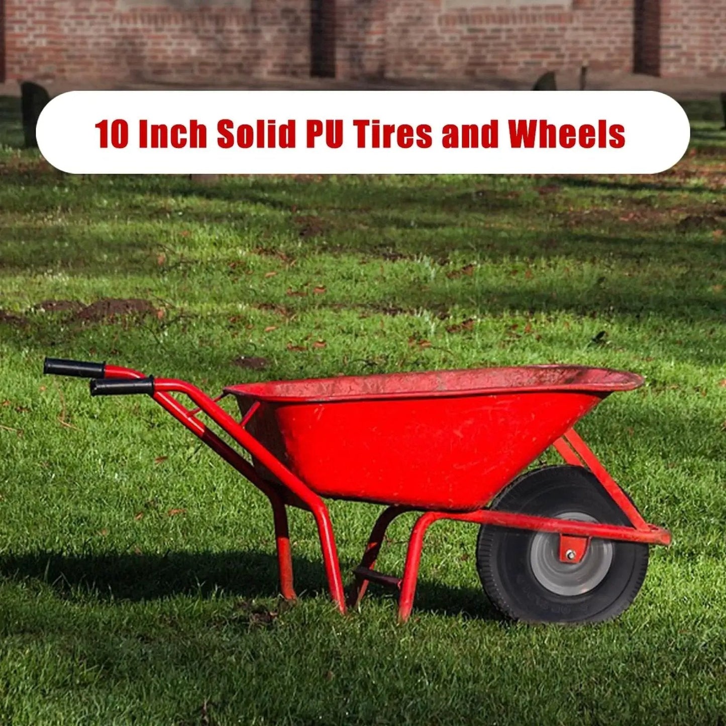Red wheelbarrow with 10 Inch Solid PU Tire And Wheel Replacement For Garden Carts Hand Trucks And Wheelbarrows on grass