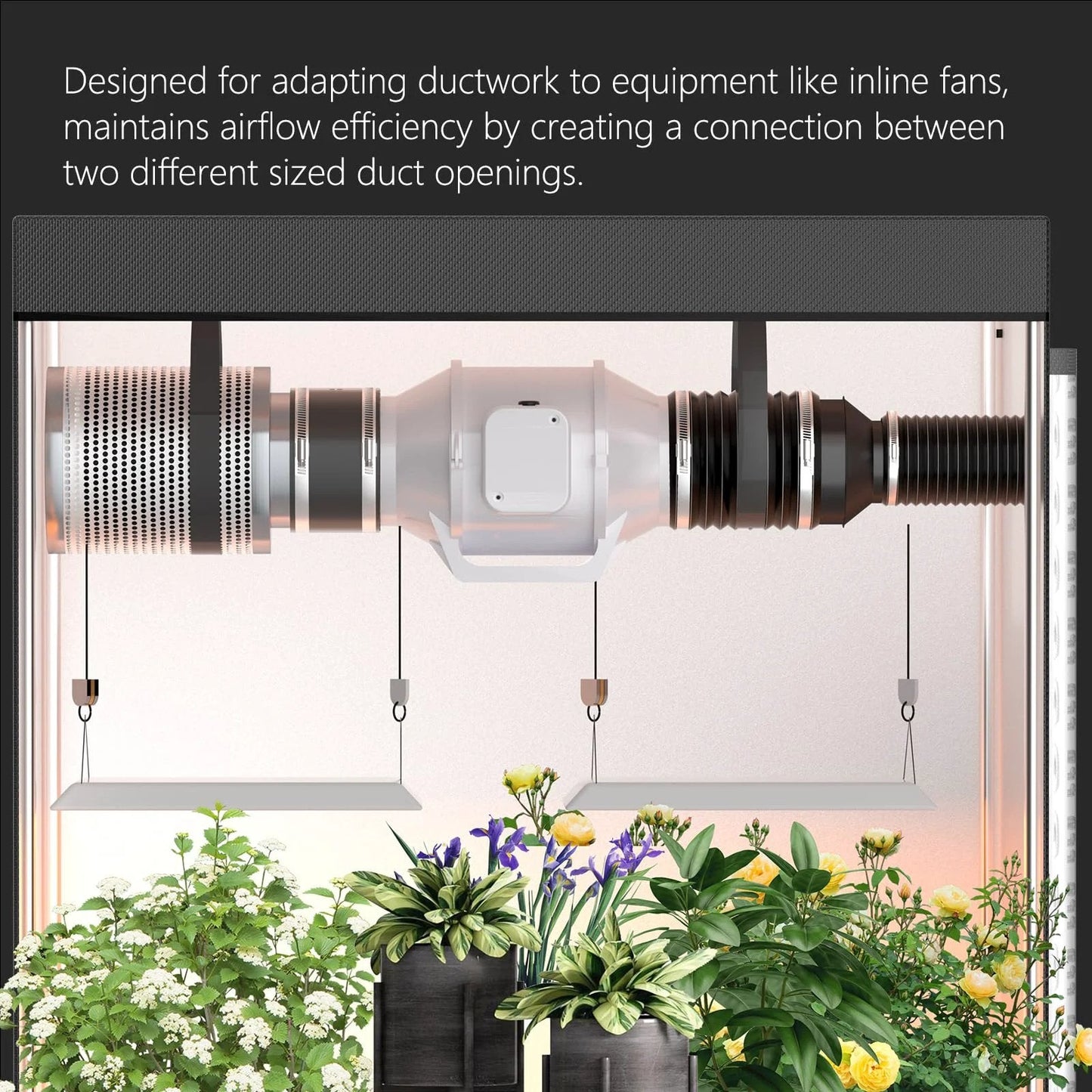 Beefy 4 To 3 Inch Duct Reducer For Inline Fans And Grow Tent Ventilation Galvanized Steel Duct Increaser Black 4 Inch To 3 Inch Reducer Fits 4 Inch Dust Collection Hose And 3 Inch Duct Durable Easy Install For Home Grow installed in grow tent showing duct connection and plants