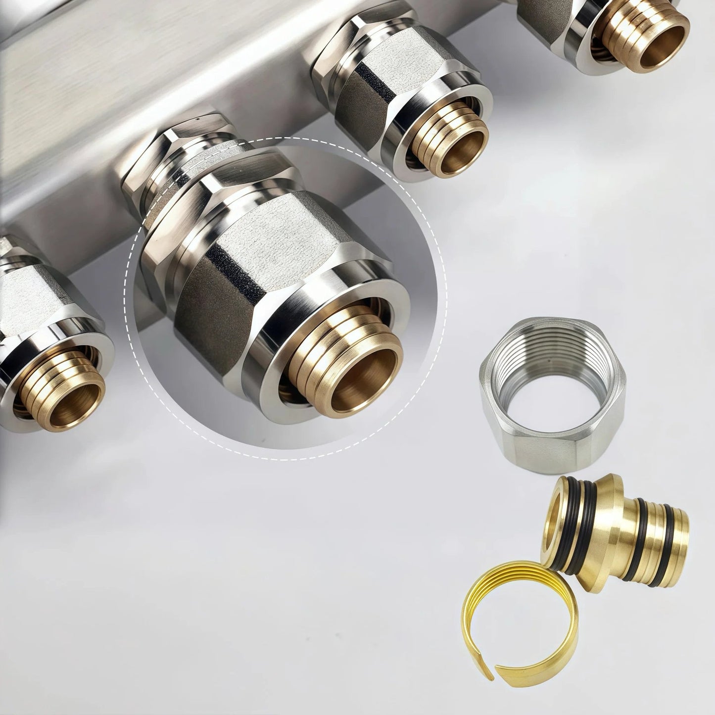 Close-up of Five Branch PEX Radiant Heat Manifold Kit For Hydronic Floor Heating In 304 Stainless Steel With Half Inch Tubing Five Loops
