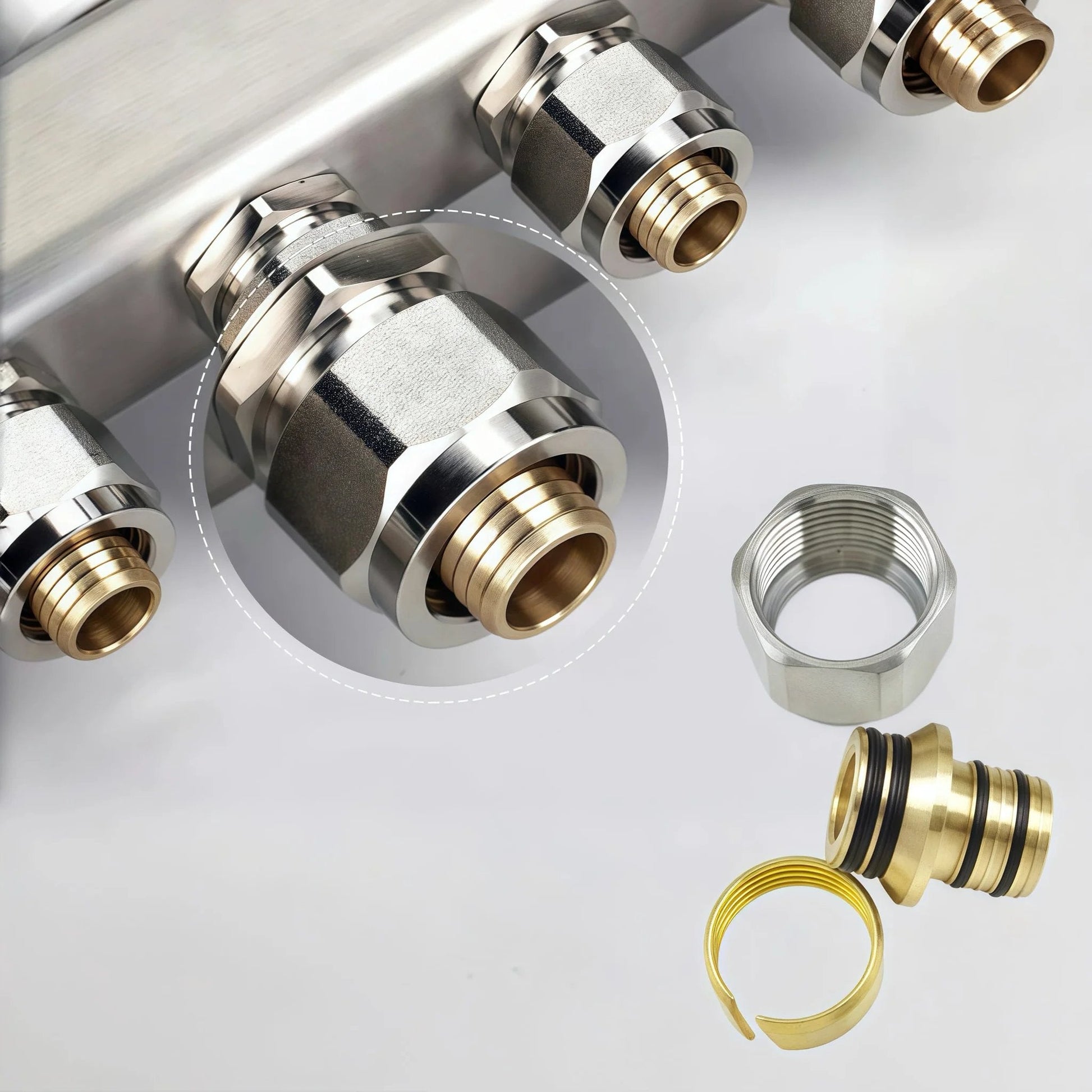 Close-up of Five Branch PEX Radiant Heat Manifold Kit For Hydronic Floor Heating In 304 Stainless Steel With Half Inch Tubing Five Loops