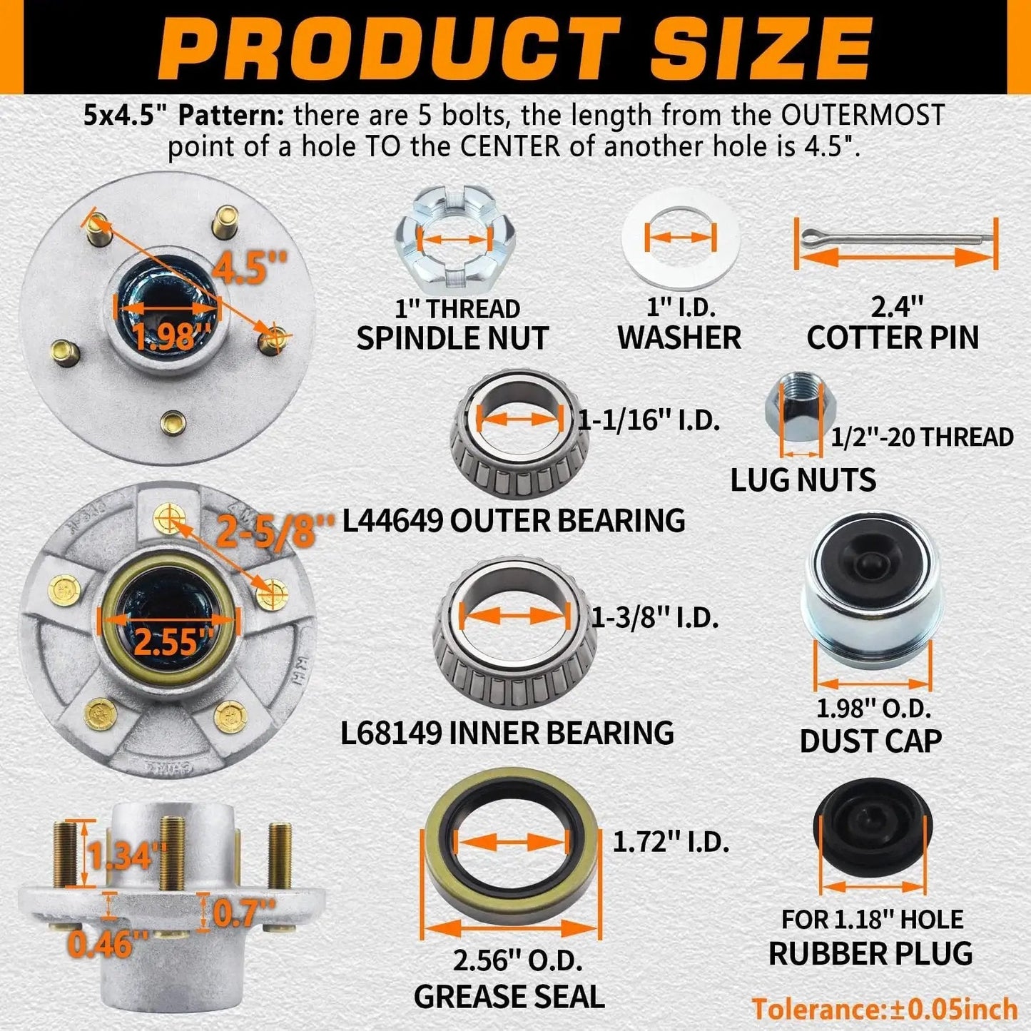 Diagram showing dimensions and components of 5 On 4.5 Inch Galvanized Trailer Hub Kit For 3500 Lb Axles with bearings and bolt pattern.