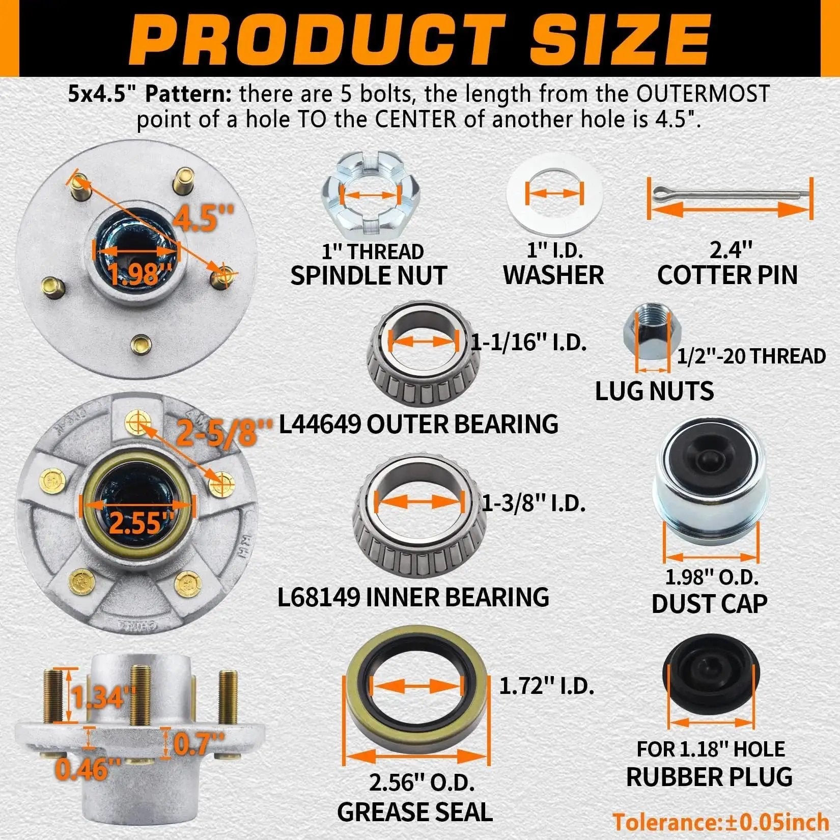 Diagram showing dimensions and components of 5 On 4.5 Inch Galvanized Trailer Hub Kit For 3500 Lb Axles with bearings and bolt pattern.