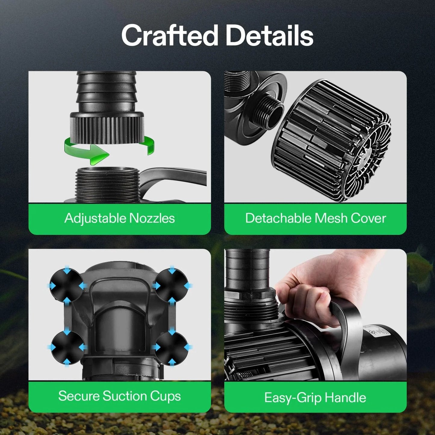 Close-up of the High Performance 4500 GPH Submersible Pond Pump with crafted details like adjustable nozzles and easy-grip handle.