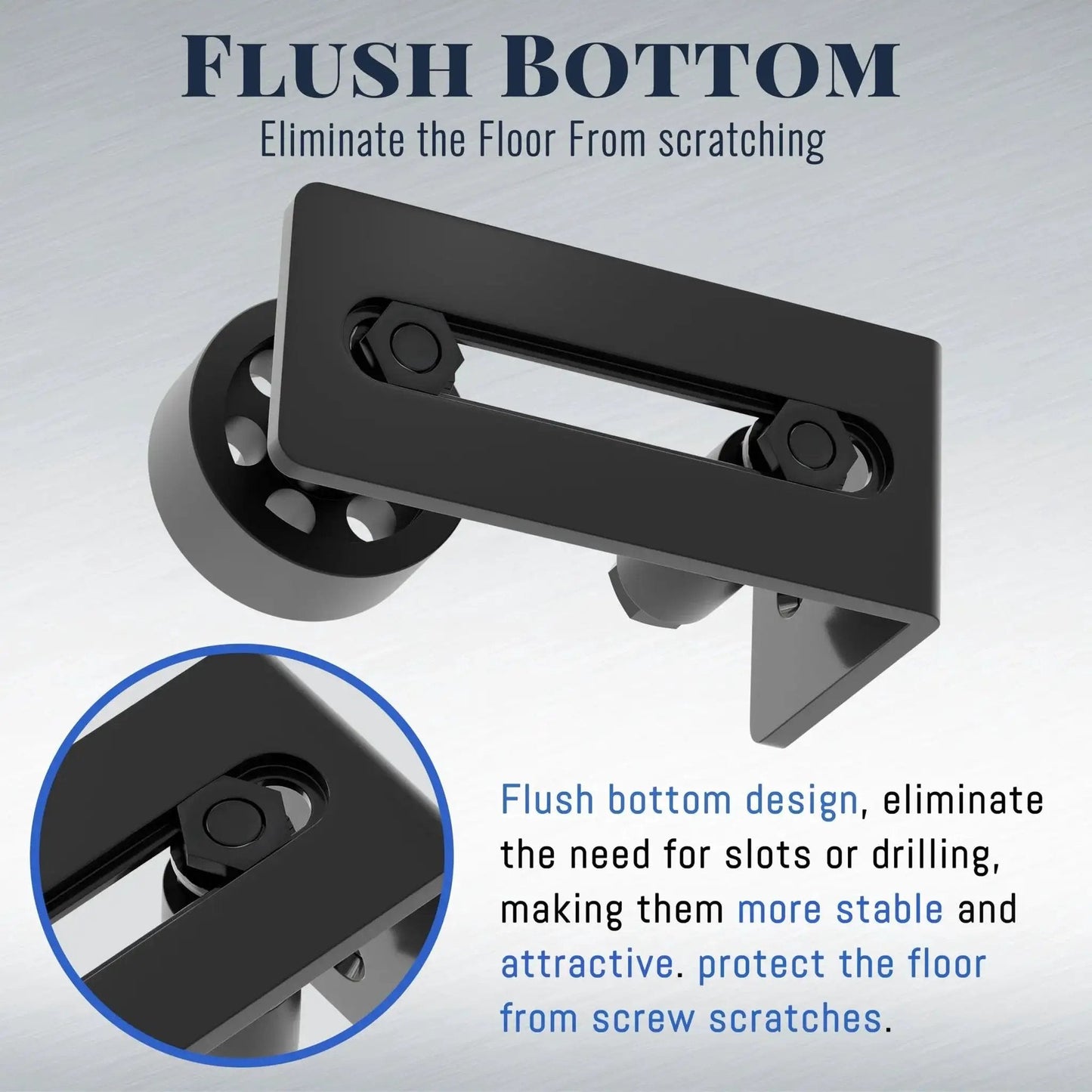 Sliding Barn Door Floor Guide Set With Wall Mount Flush Flat Bottom Guides showing black design with roller slots