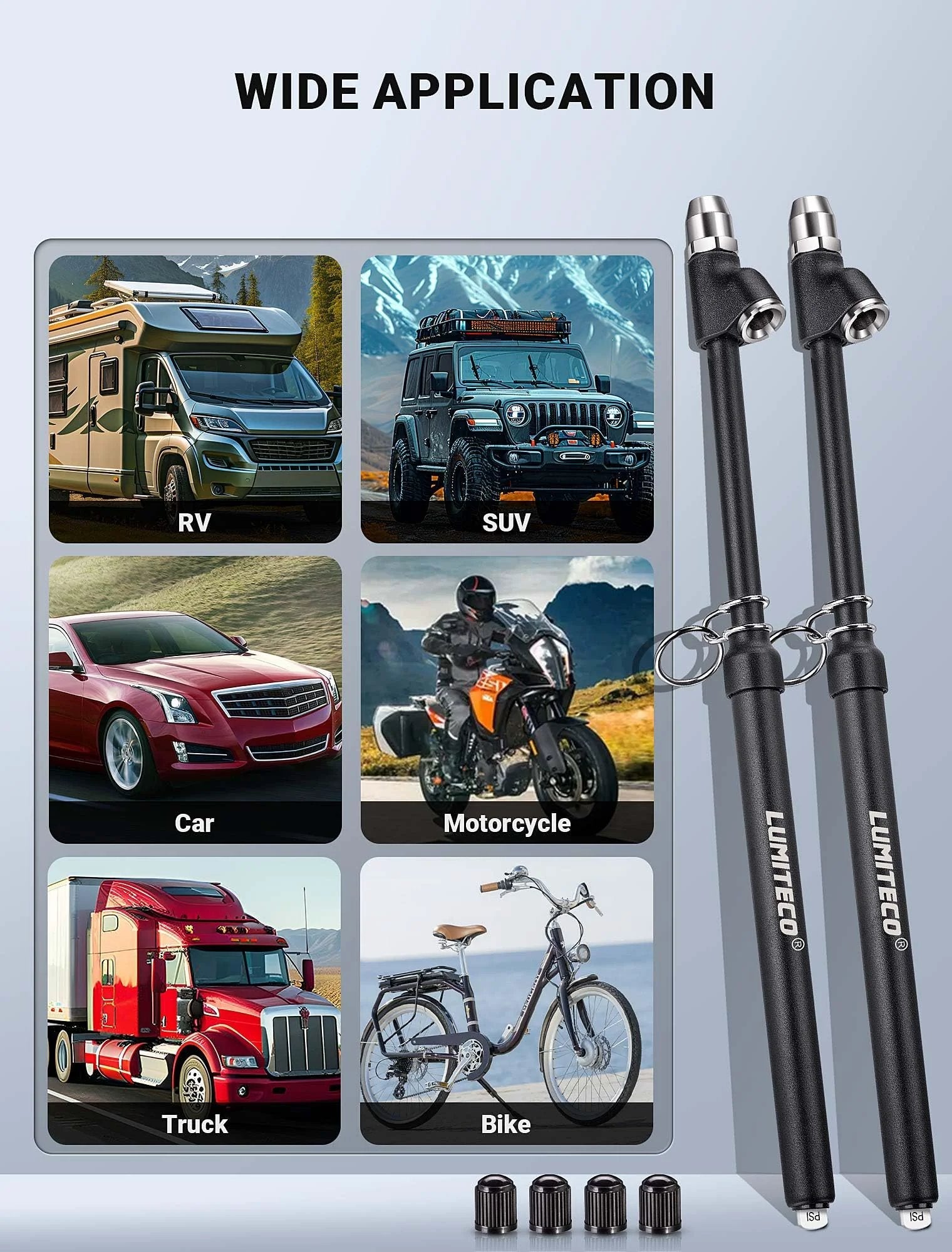 Two Pack Dual Head Tire Pressure Gauge With Extended Reach Pencil Style 12 Inch Gauge For Dual Wheels Straight On And 30 Degree Reverse Chucks Heavy Duty Truck And Car Tire Pressure Checker 10 To 150 PSI 1 To 10 Bar next to vehicle images