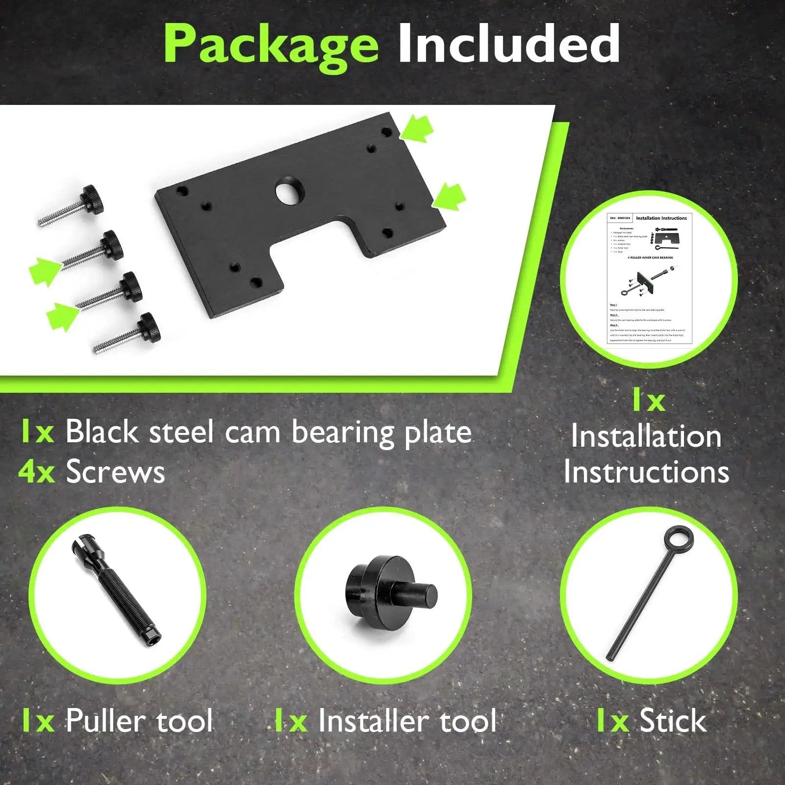 Inner Camshaft Bearing Installer And Remover Tool For Harley M8 Engines 2017-2025 kit components layout with plate and tools.