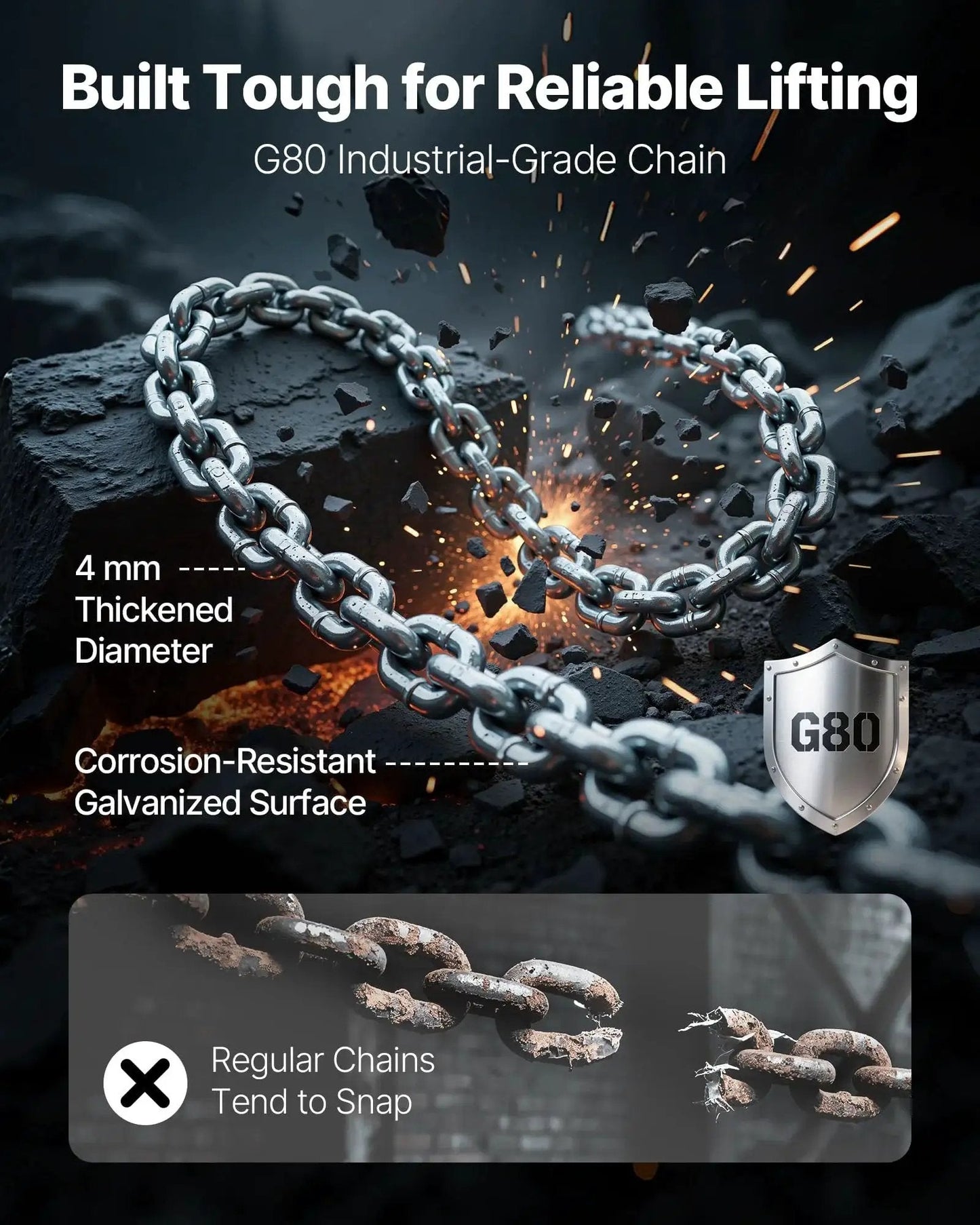 Close-up of G80 industrial-grade chain with 4 mm thickness for Manual Lever Chain Hoist Half Ton With 5 Ft G80 Chain Dual Pawl Brake