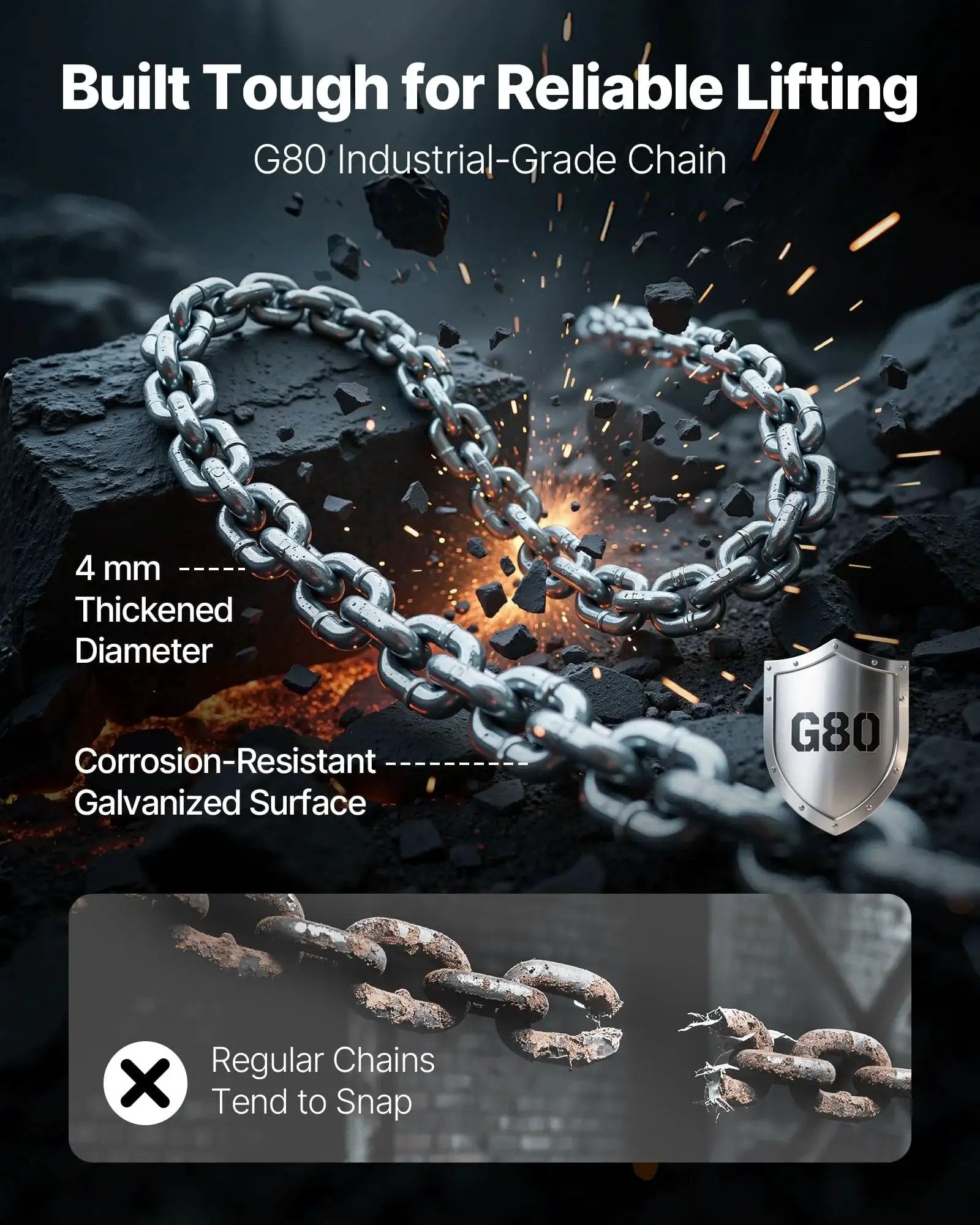 Close-up of G80 industrial-grade chain with 4 mm thickness for Manual Lever Chain Hoist Half Ton With 5 Ft G80 Chain Dual Pawl Brake