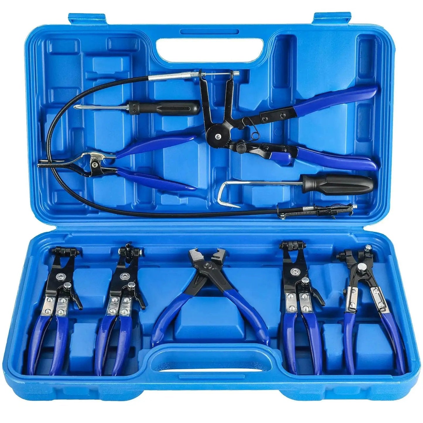 Long Reach Hose Clamp Pliers Set for Auto Fuel Oil Water Hoses 9 Pieces in blue storage case, showing various pliers and tools.