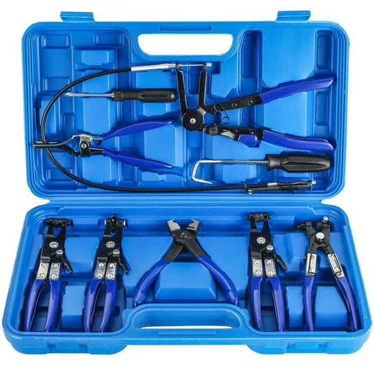 Long Reach Hose Clamp Pliers Set for Auto Fuel Oil Water Hoses 9 Pieces in blue storage case, showing various pliers and tools.