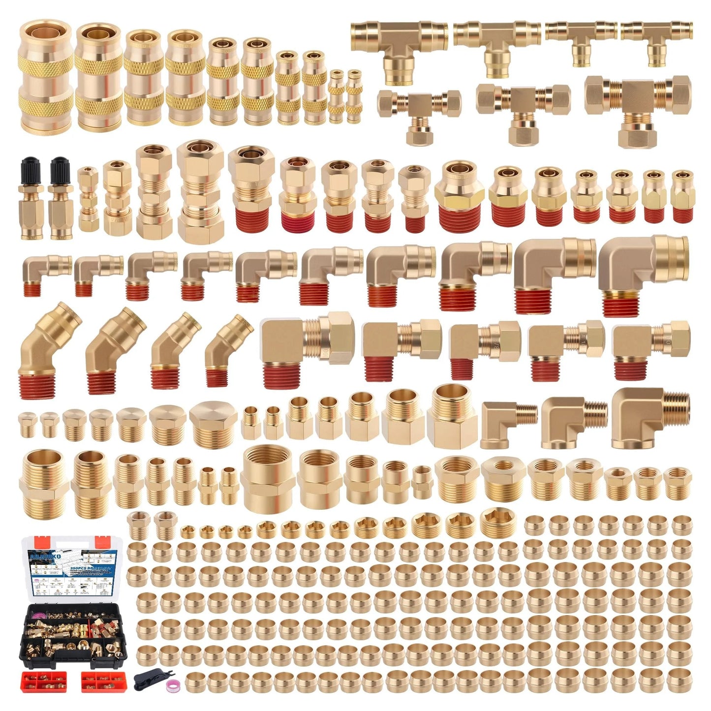 All In One 250 Pcs Brass DOT Air Brake Line Fittings And Nylon Tube Compression Fittings Assortment Kit laid out in rows, showcasing various sized NPT fittings.
