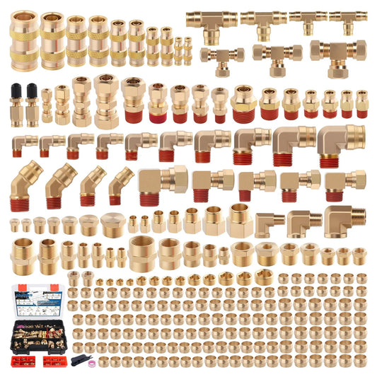 All In One 250 Pcs Brass DOT Air Brake Line Fittings And Nylon Tube Compression Fittings Assortment Kit laid out in rows, showcasing various sized NPT fittings.