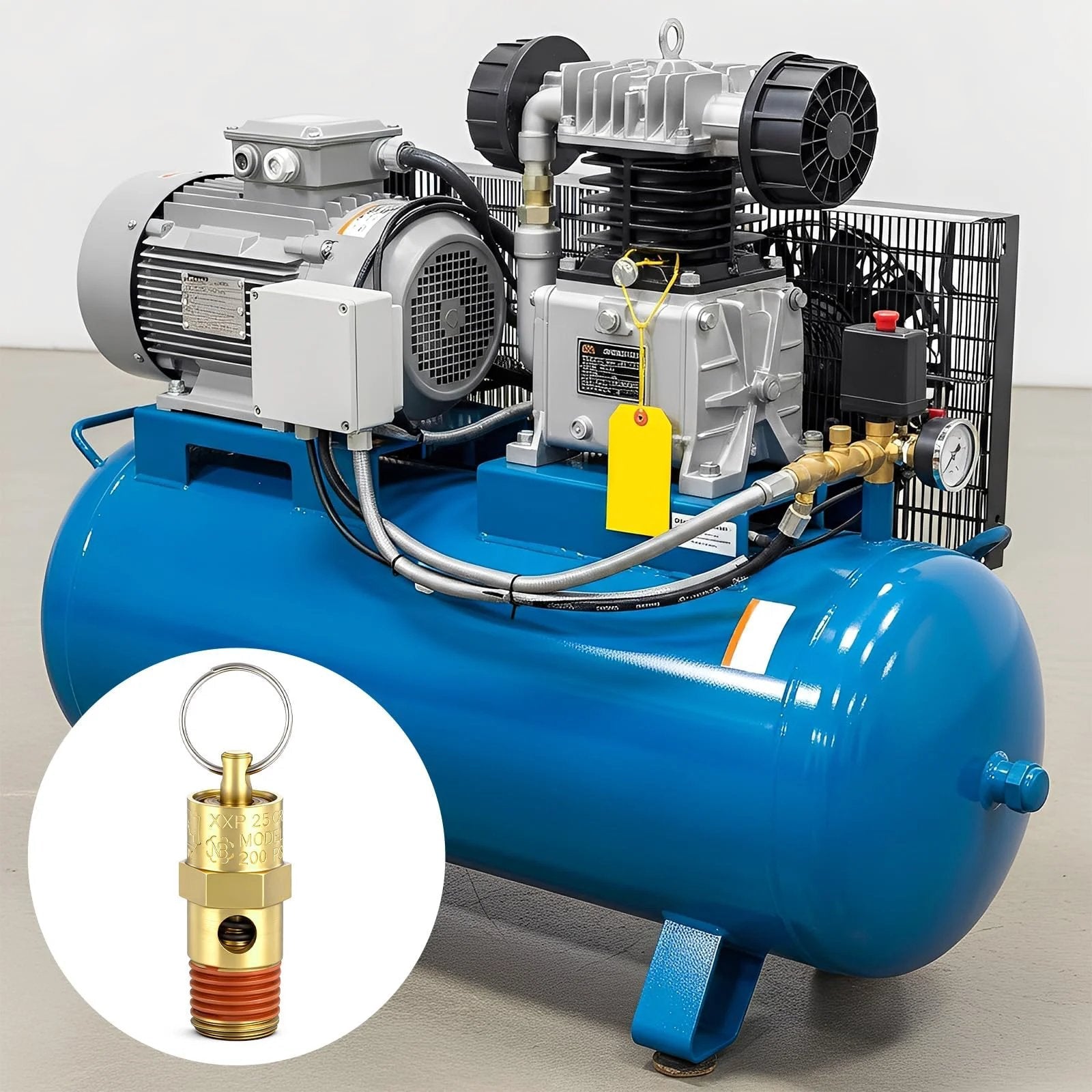 2 Pack One Quarter Inch NPT Air Compressor Check Valve With 200 PSI Pressure Relief Brass Safety Valves next to blue compressor