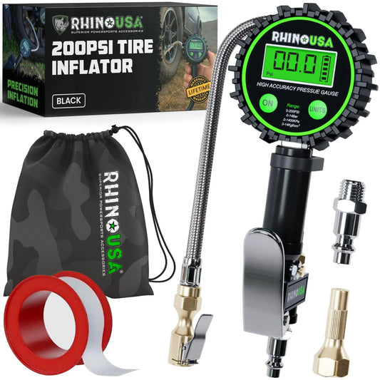 All In One 3 In One Tire Pressure Tool With Inflator Gauge Bleed Valve And Hose 0 To 200 PSI For Trucks And RVs With Stainless Braided Hose Large 2 Inch Dial And Solid Brass Hardware Rhino USA