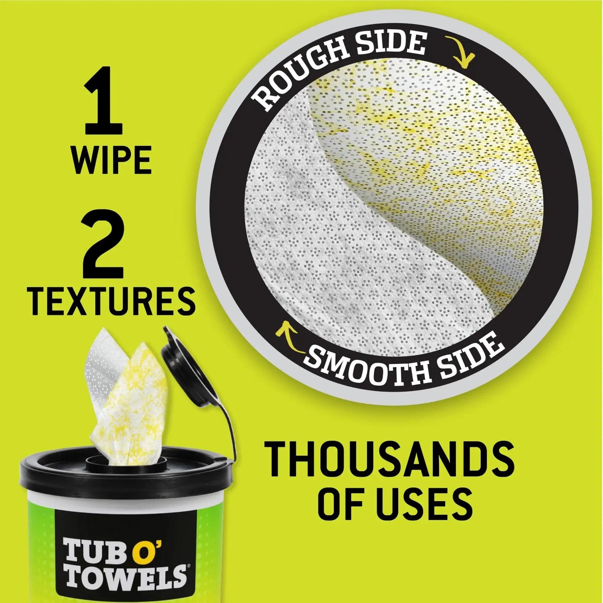 Heavy Duty Dual Texture Wipes 10x12 Inches For Multi Surface Use 75 Count 6 Pack, showing rough and smooth textures on a tub lid.