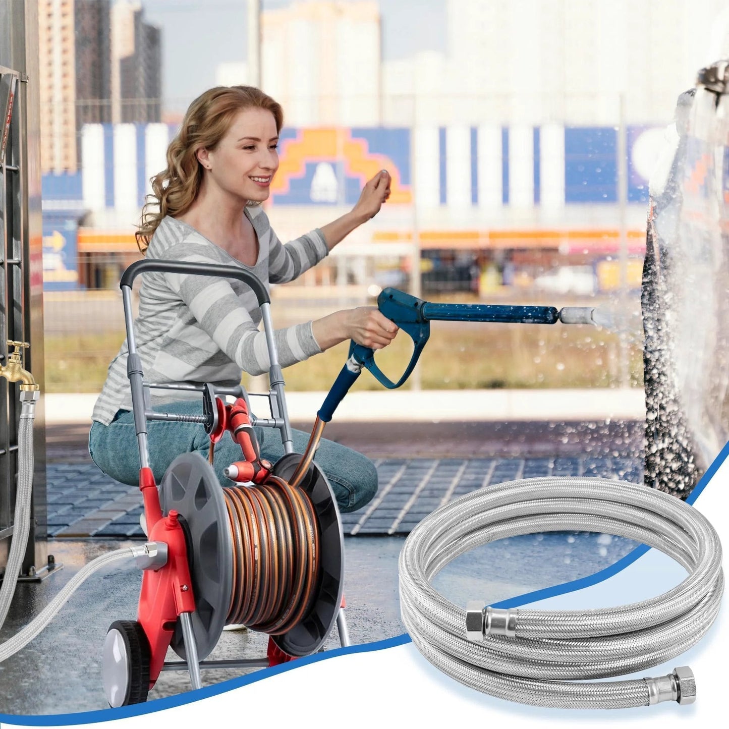 Woman using heavy duty 5 foot garden hose with EPDM rubber core and 304 stainless steel braided layer, no kink flexible water hose.